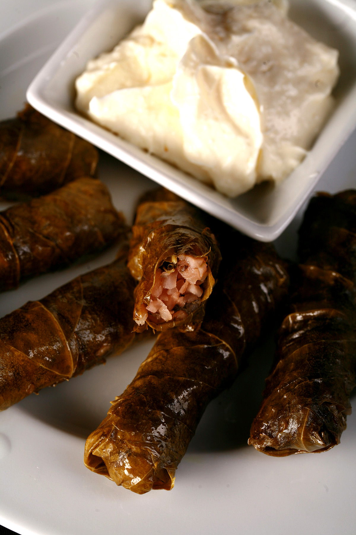 A white plate with low carb, paleo stuffed grape leaves on it. There is a small white plate of garlic dip on the plate.