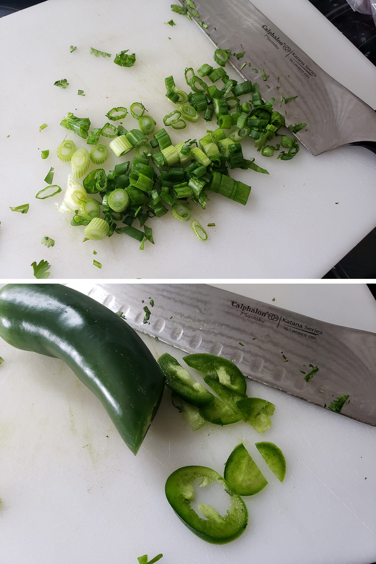A two part compilation image. The top image shows green onions being slices, the bottom shows a jalapeno being thinly sliced.