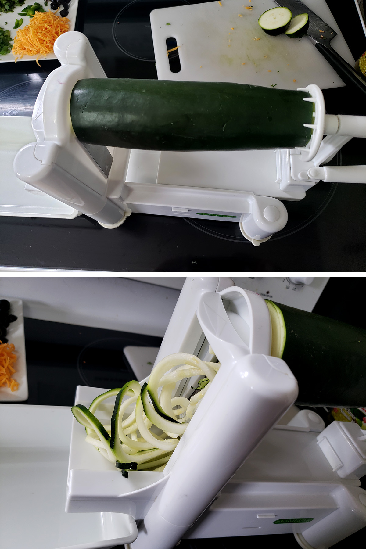 A two part compilation image showing a large zuchinni going through a spiralizer.