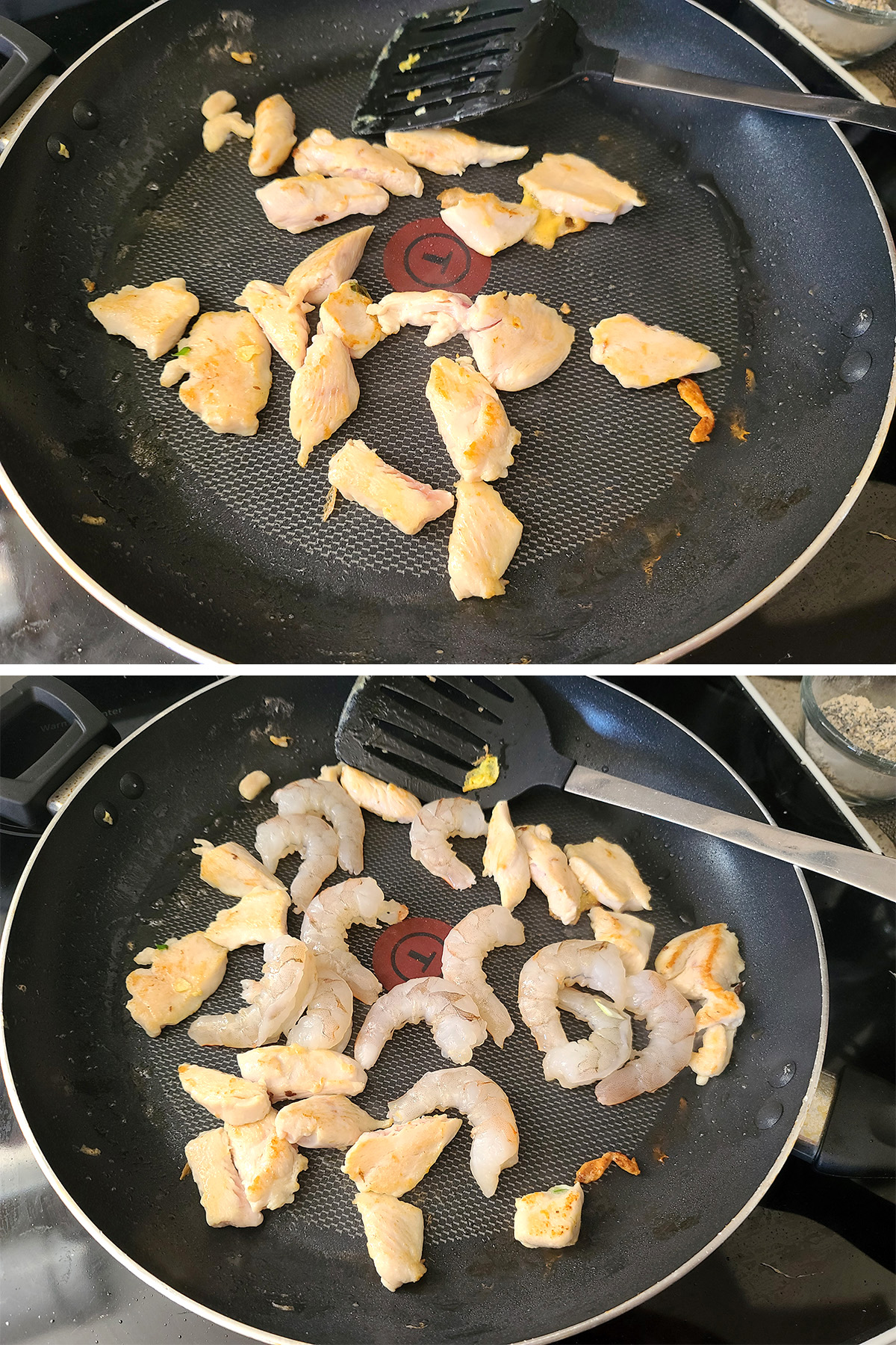 A two part compilation image showing chicken being cooked in a nonstick pan, and shrimp being added to the pan.