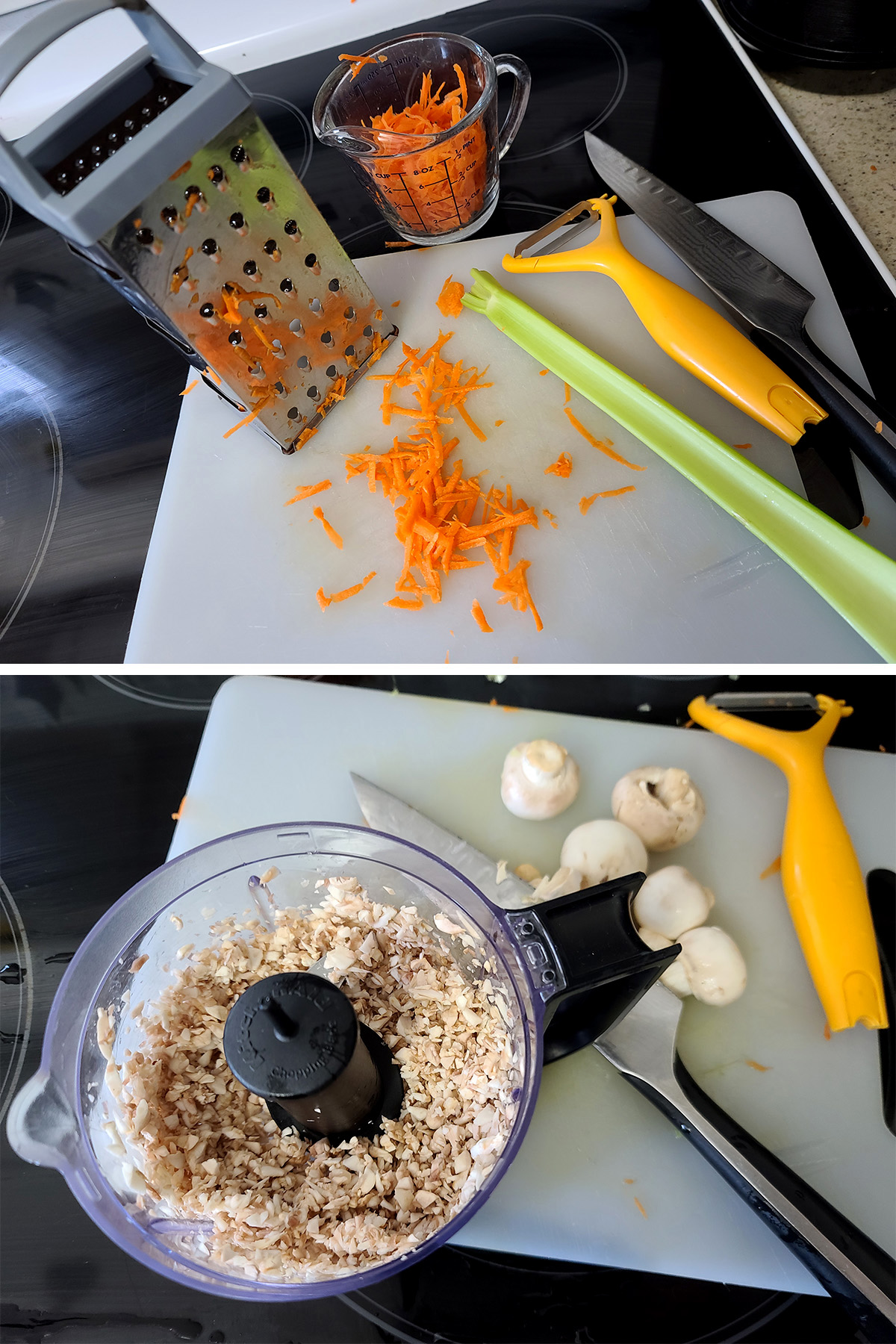 Carrots and celery being shredded on a grated, mushrooms in a mini food processor.