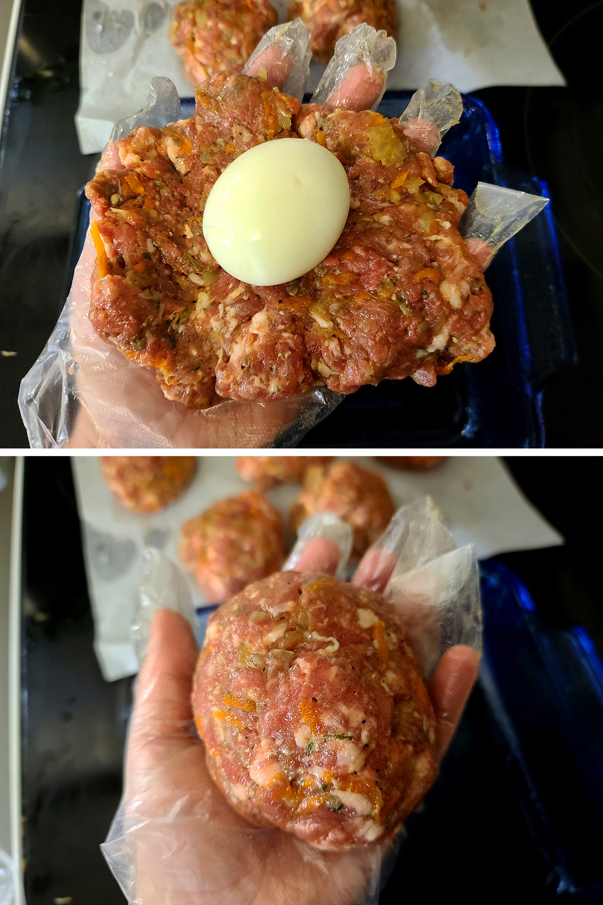 A hand holds a patty of meat mixture with peeled hardboiled egg in the middle, then the finished Scotch Egg.