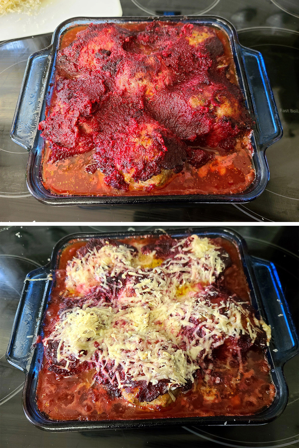 A baked pan of individual meatloaves, before and after adding cheese on top.