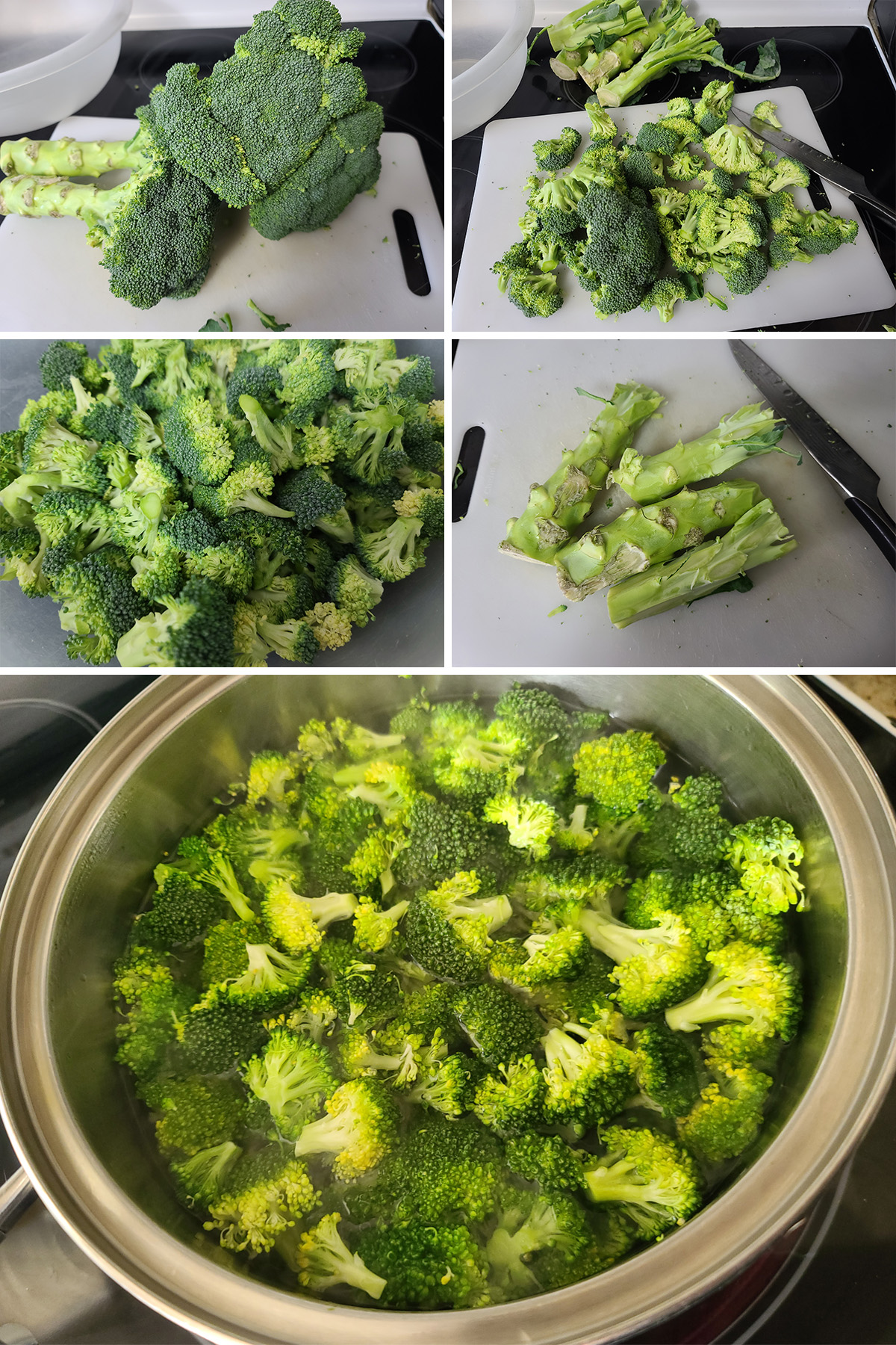 Broccoli being chopped and put in a pot.