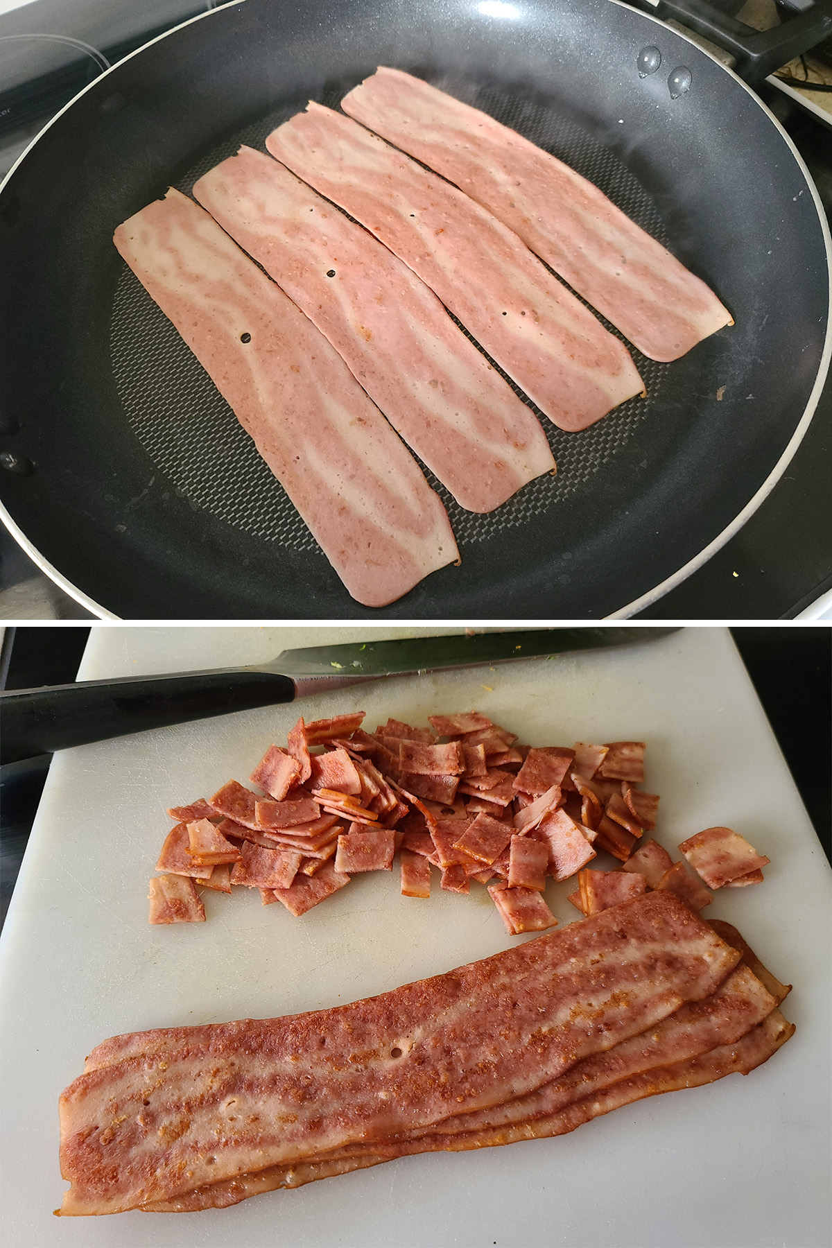 Chicken bacon being cooked and chopped up.