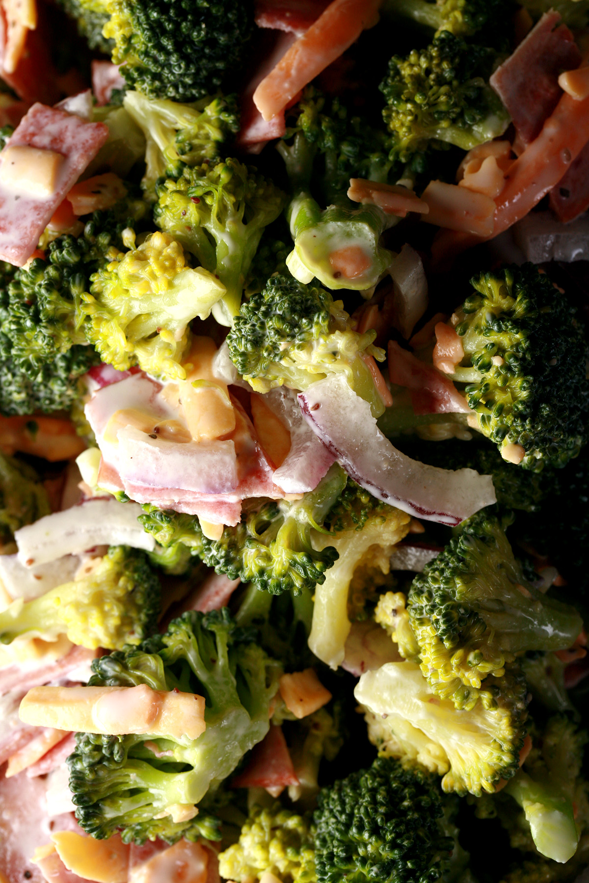 A bowl of keto broccoli salad. Broccoli, chicken bacon, cheese, and red onion slices in a white dressing.