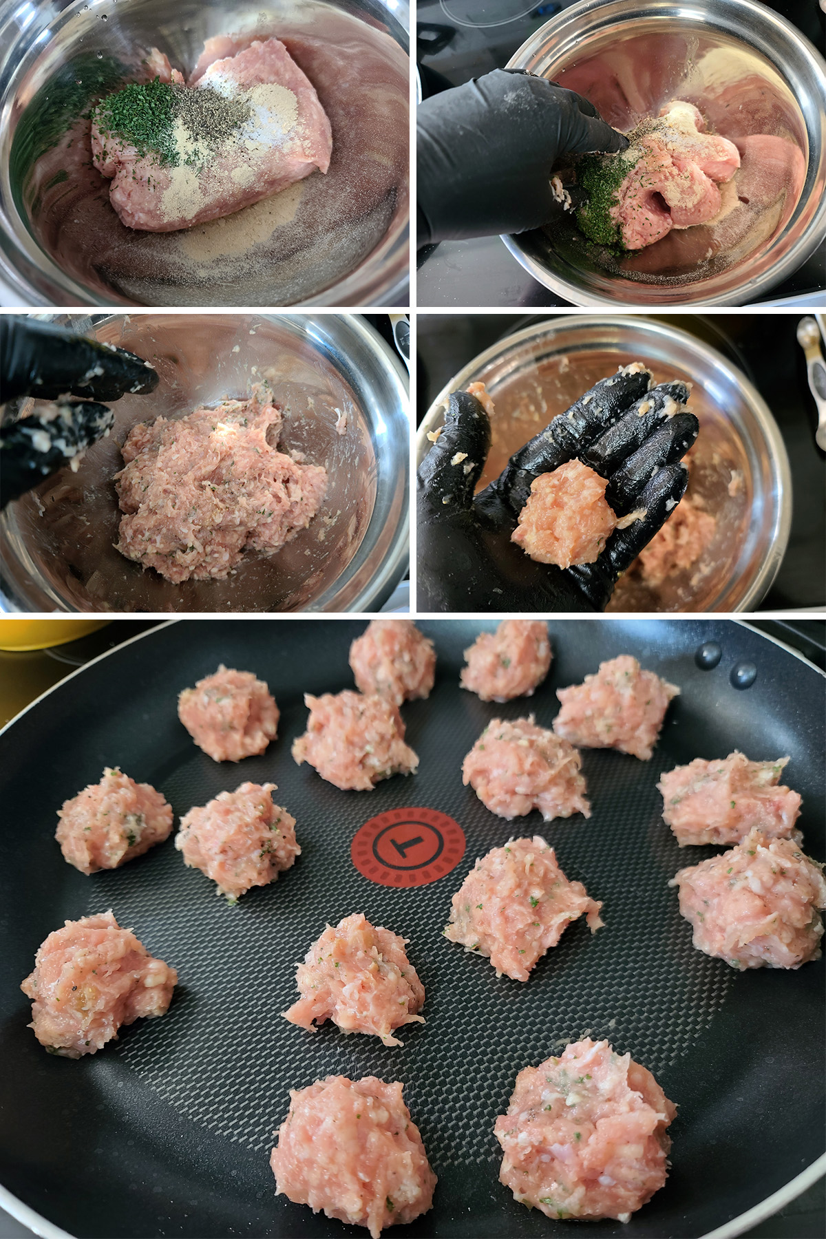 Ground chicken being mixed with spices and formed into meatballs.