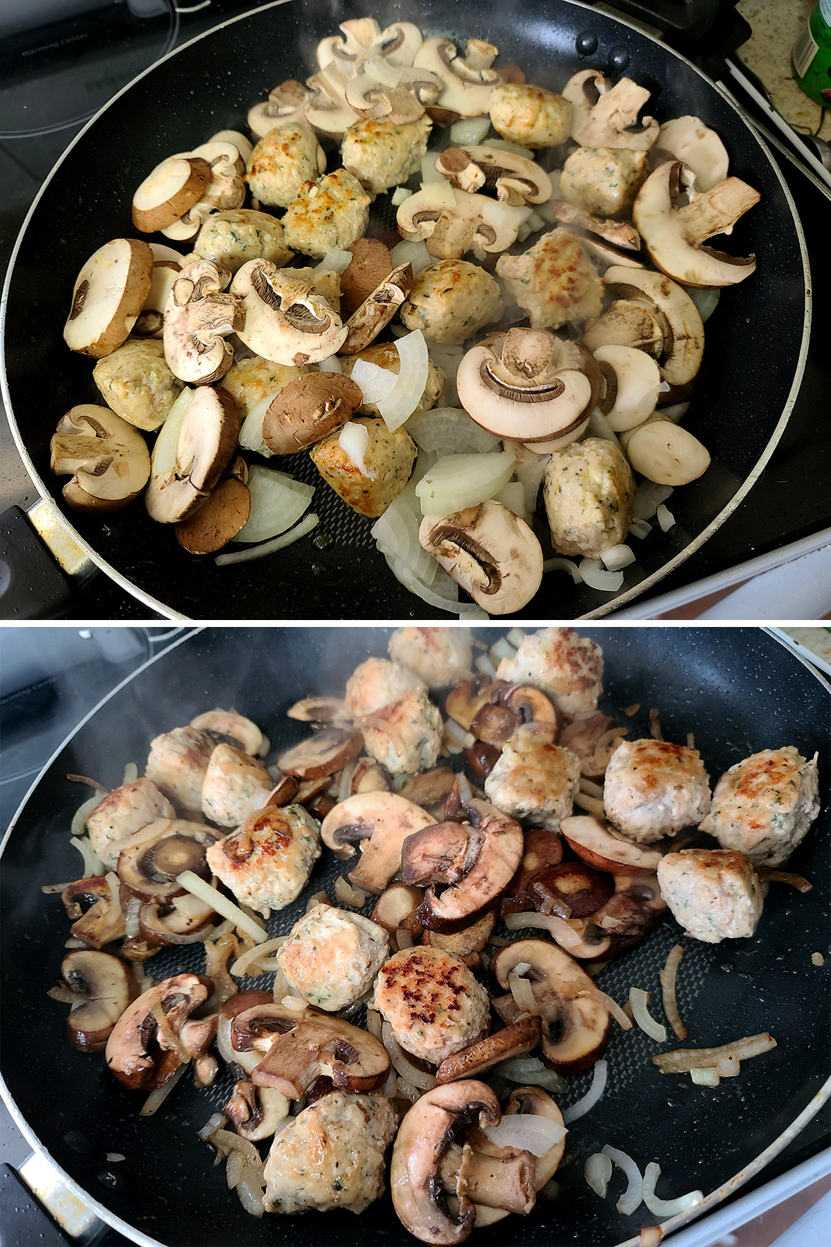 Mushrooms and onions added to the meatballs in the pan.