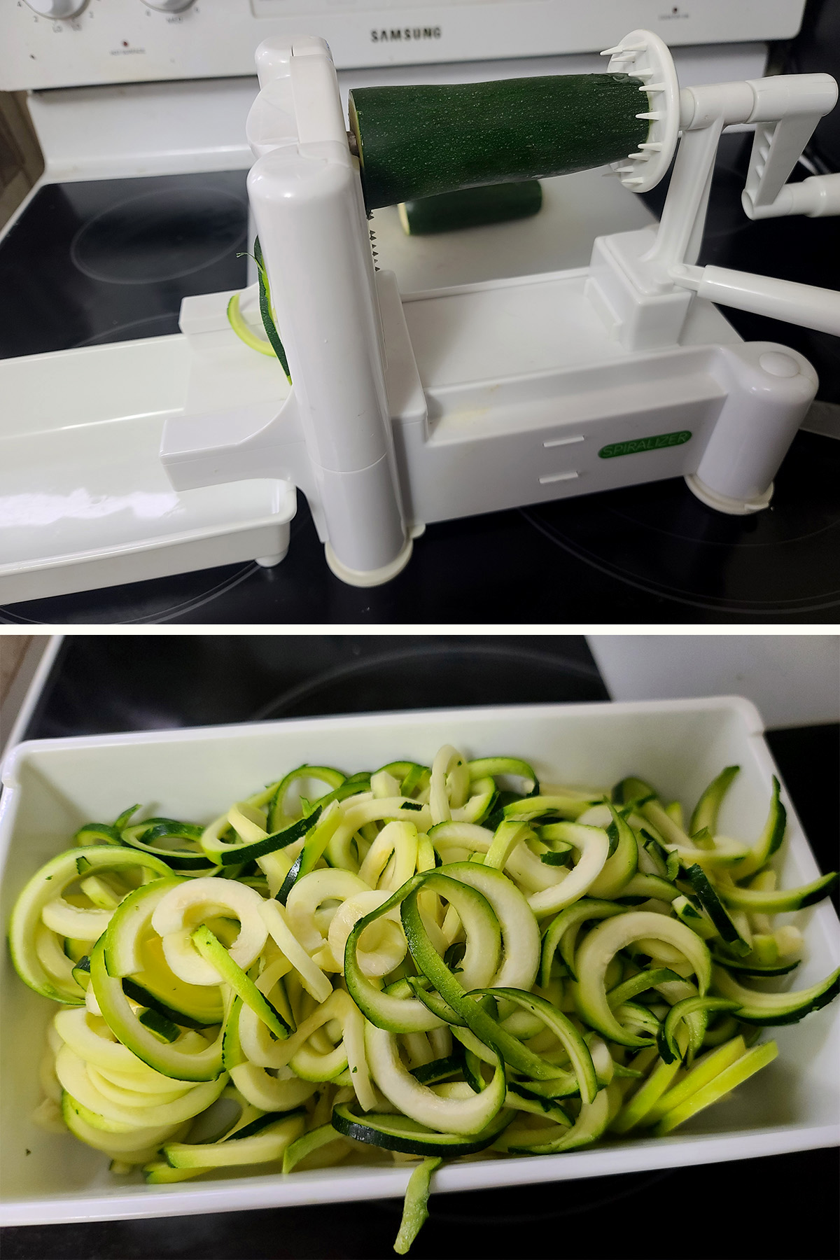 A white spiralizer machine, and a container of spiralized zucchini noodles.