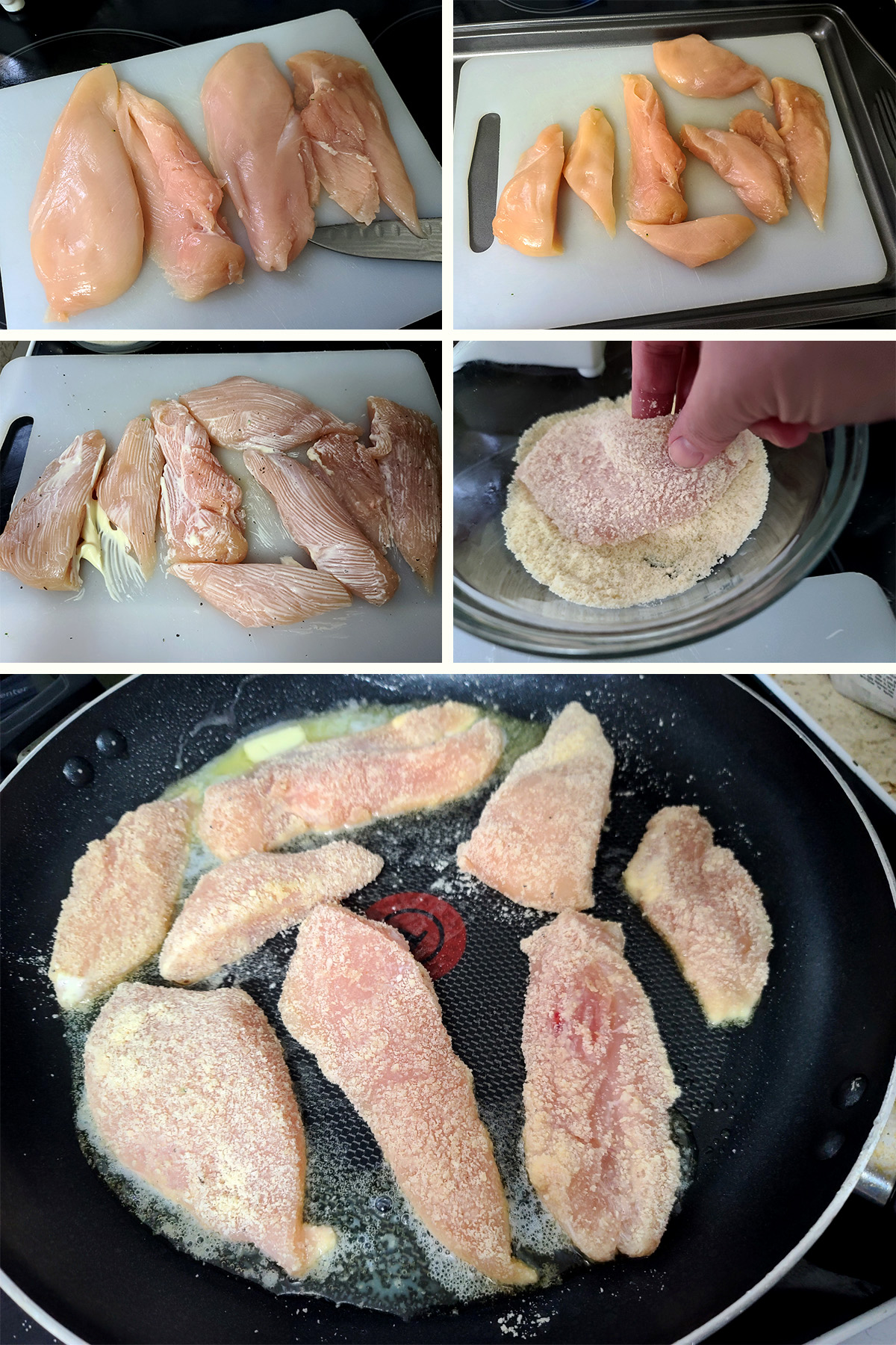 A 5 part image showing the chicken being cut, breaded, and added to the pan, as described in the post.