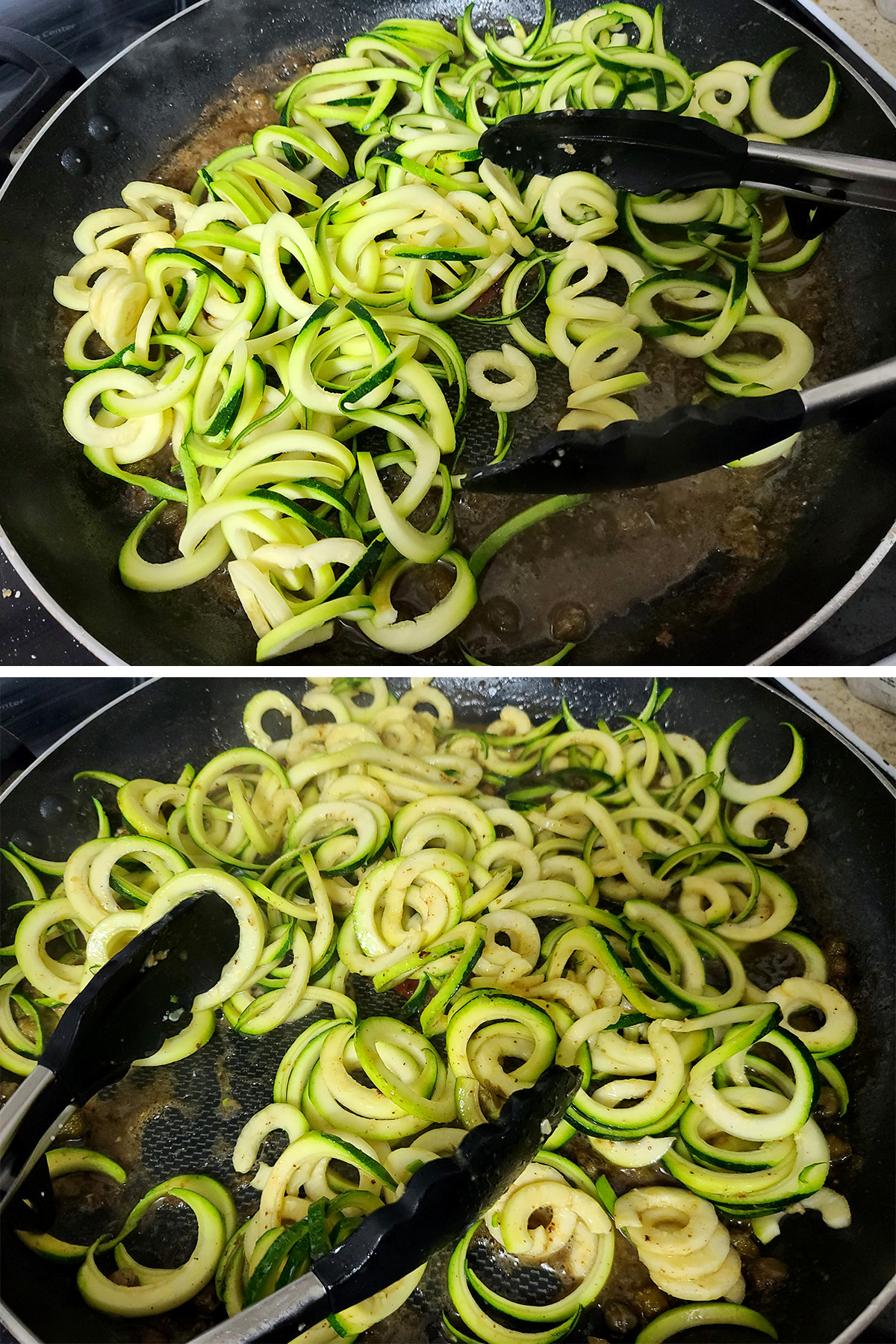 Spiralized zucchini noodles cooking in a pan.