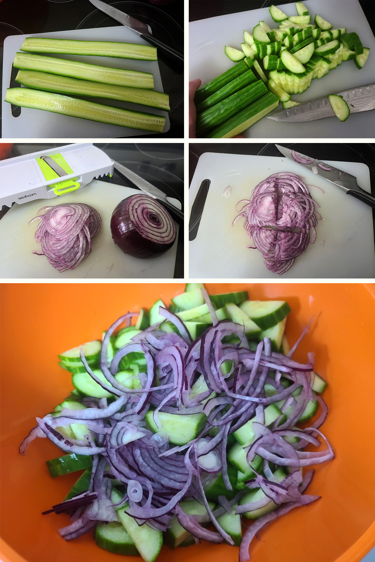 A 5 part image showing the cucumbers and red onion being sliced up into an orange bowl.