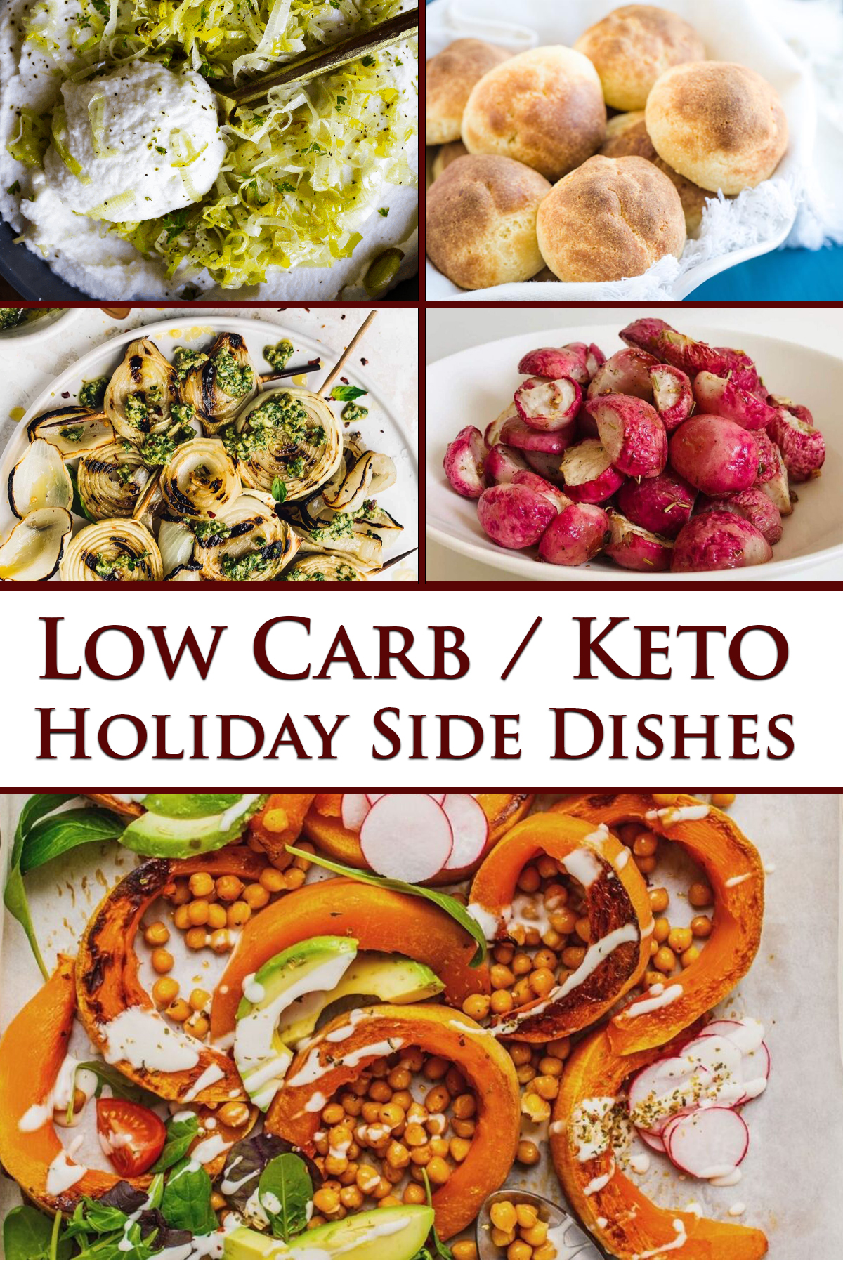 A collage image of various low carb holiday side dishes.