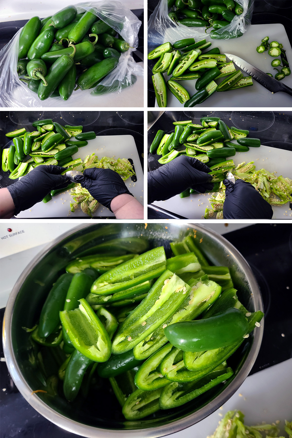A 5 part image showing the jalapenos being sliced and cored.