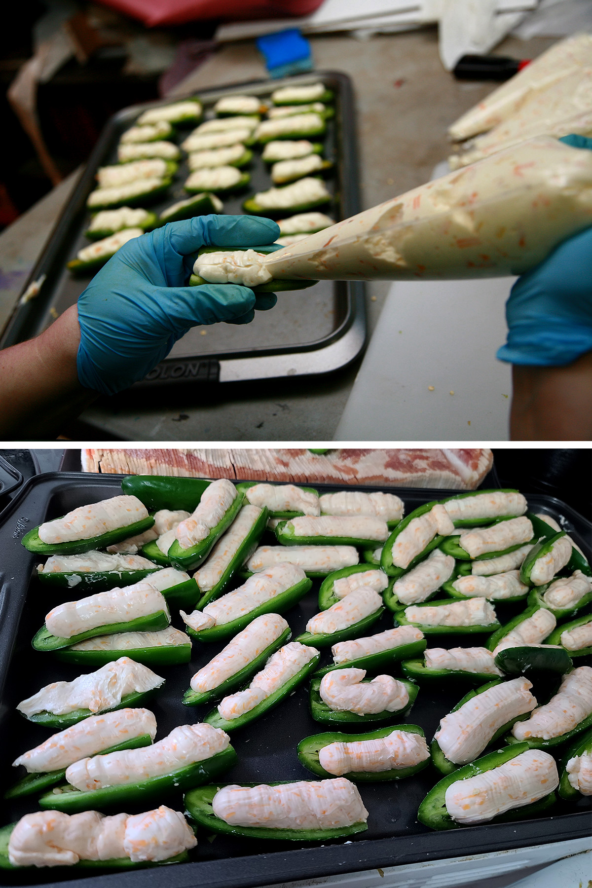 A 2 part image showing the cheese filling being piped into jalapeno halves.
