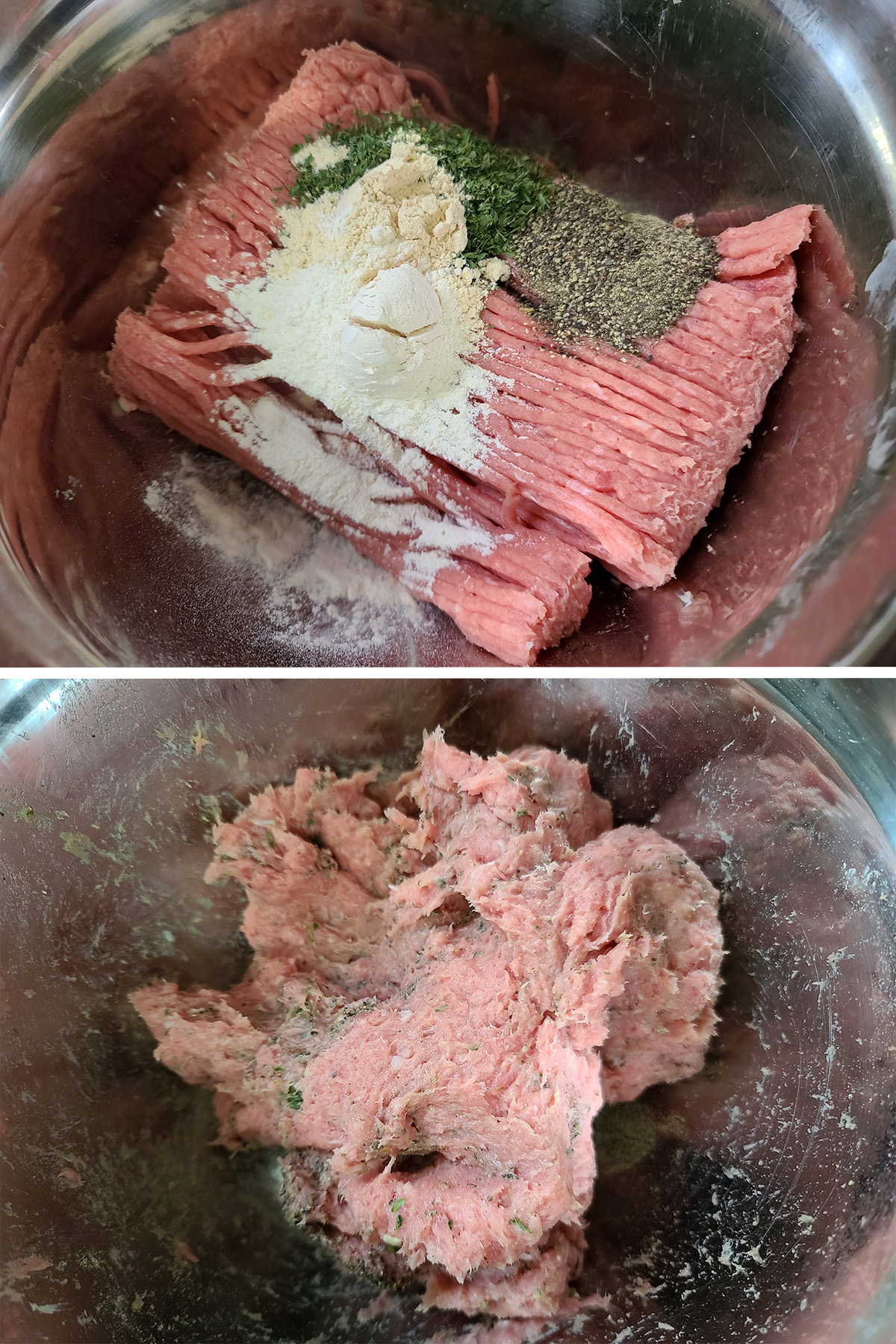 A 2 part image showing the ground chicken being seasoned and mixed together.