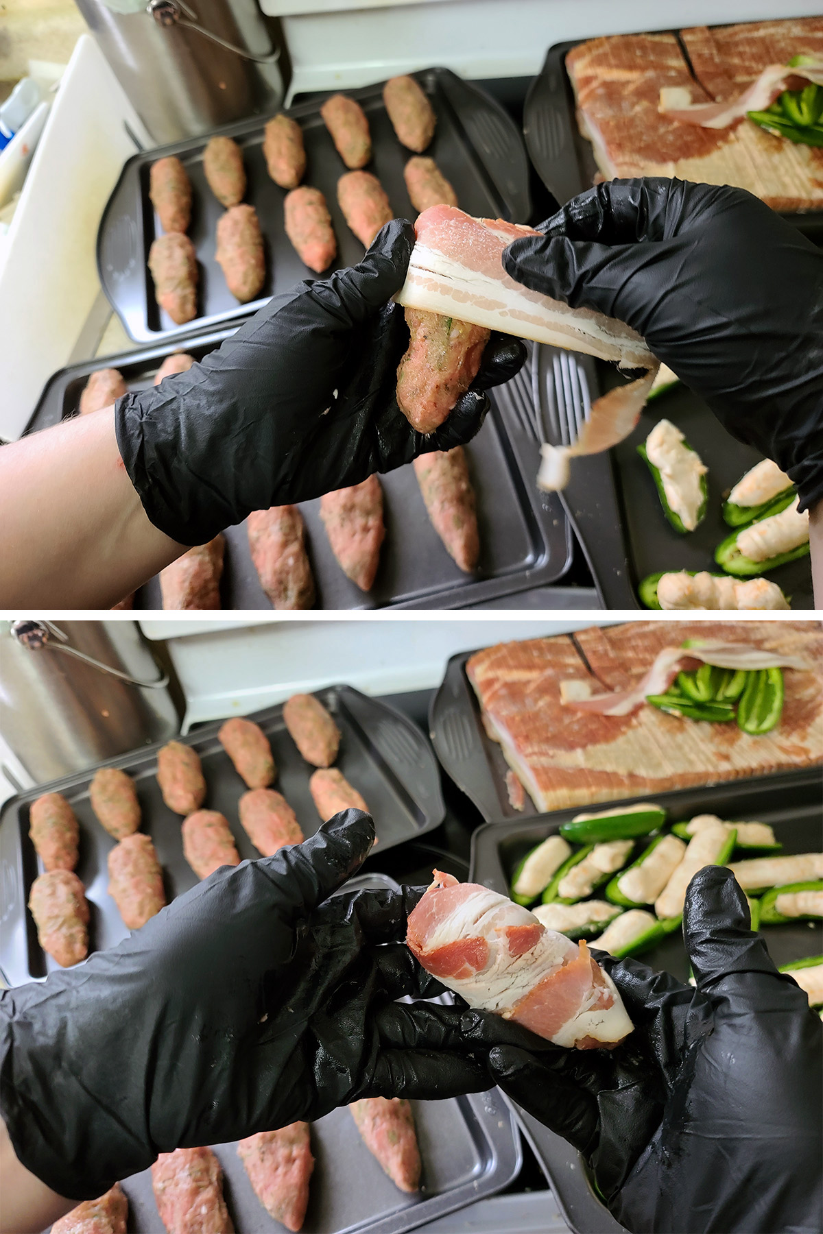 A two part image showing the chicken wrapped stuffed jalapenos being wrapped with bacon.
