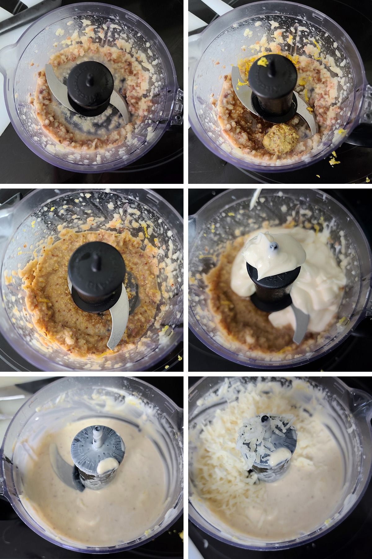 A 6 part image showing the various stages of blending the Caesar dressing together.