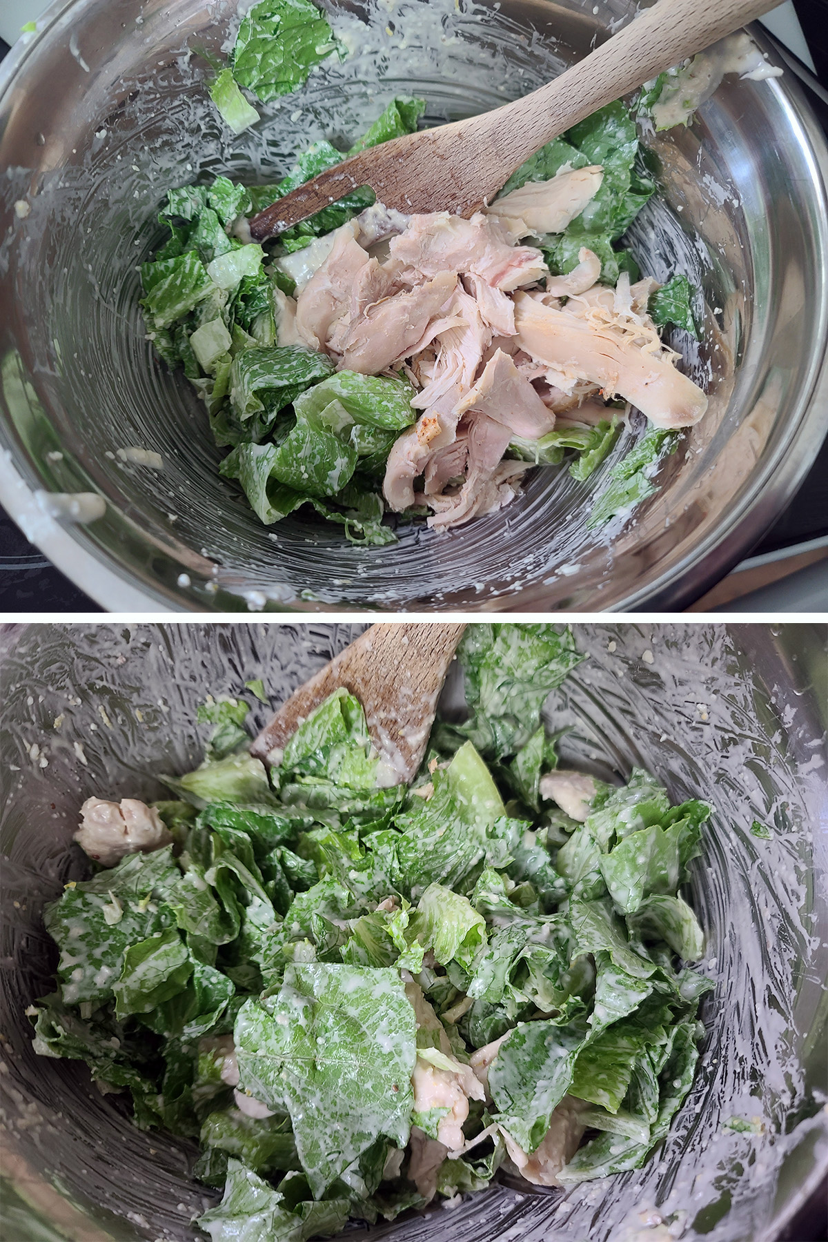 Caesar dressing being mixed into a salad.
