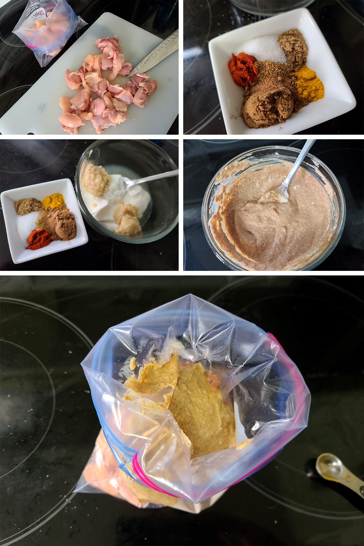 A 5 part image showing the chicken being cut, marinade being made, and chicken and marinade being placed in a baggie.