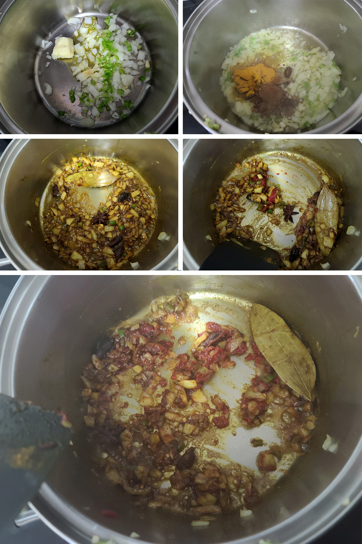A 5 part image showing the onions, garlic, peppers, and spices being cooked together, as described.