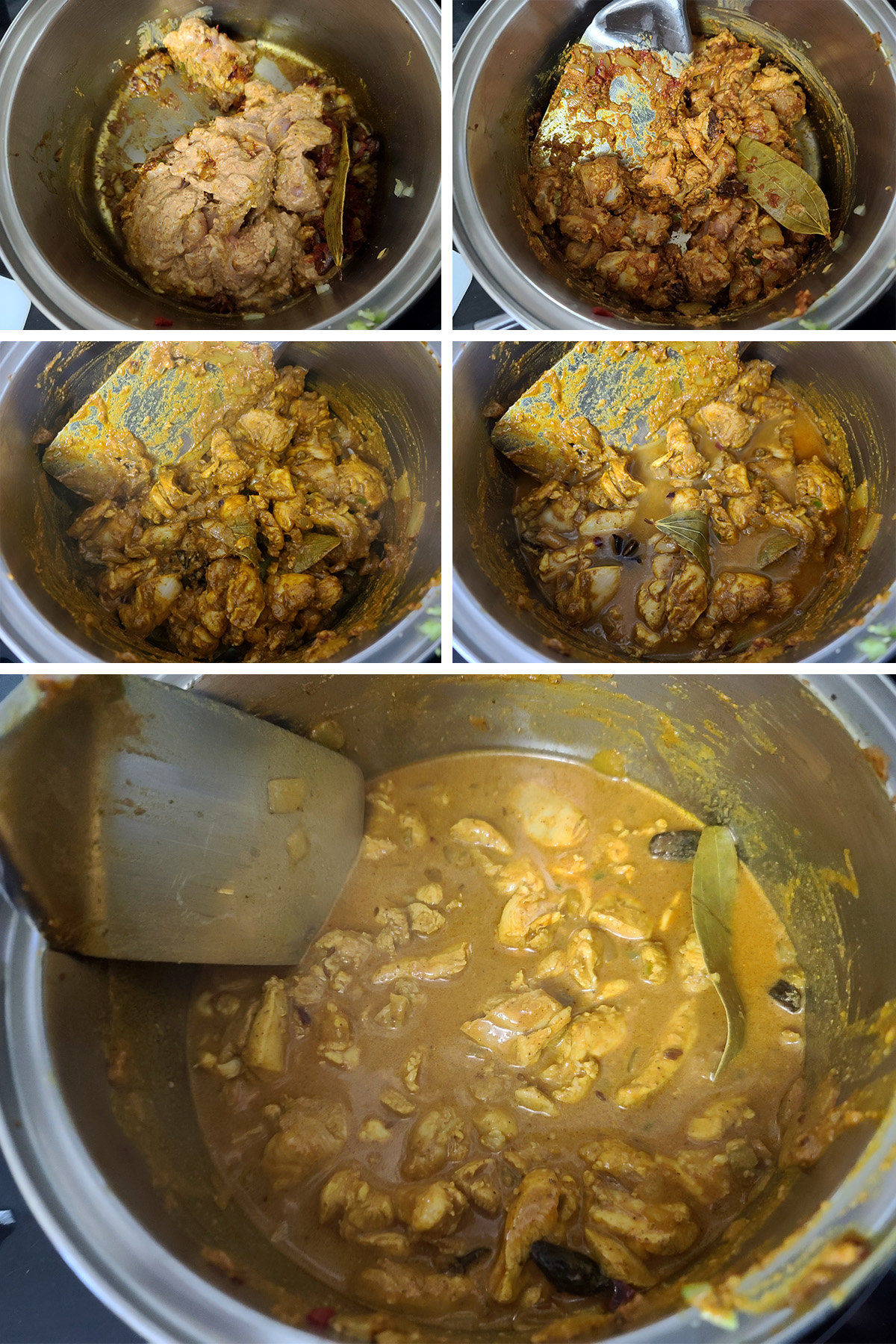A 5 part image showing the chicken being cooked into a curry.
