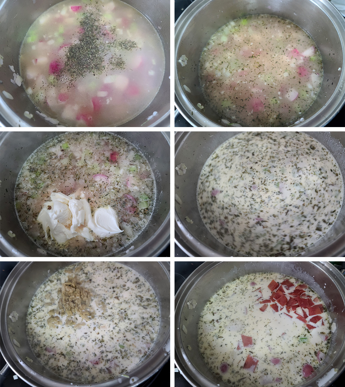 A 6 part image showing the broth, mascarpone, and bacon being added to the pot.