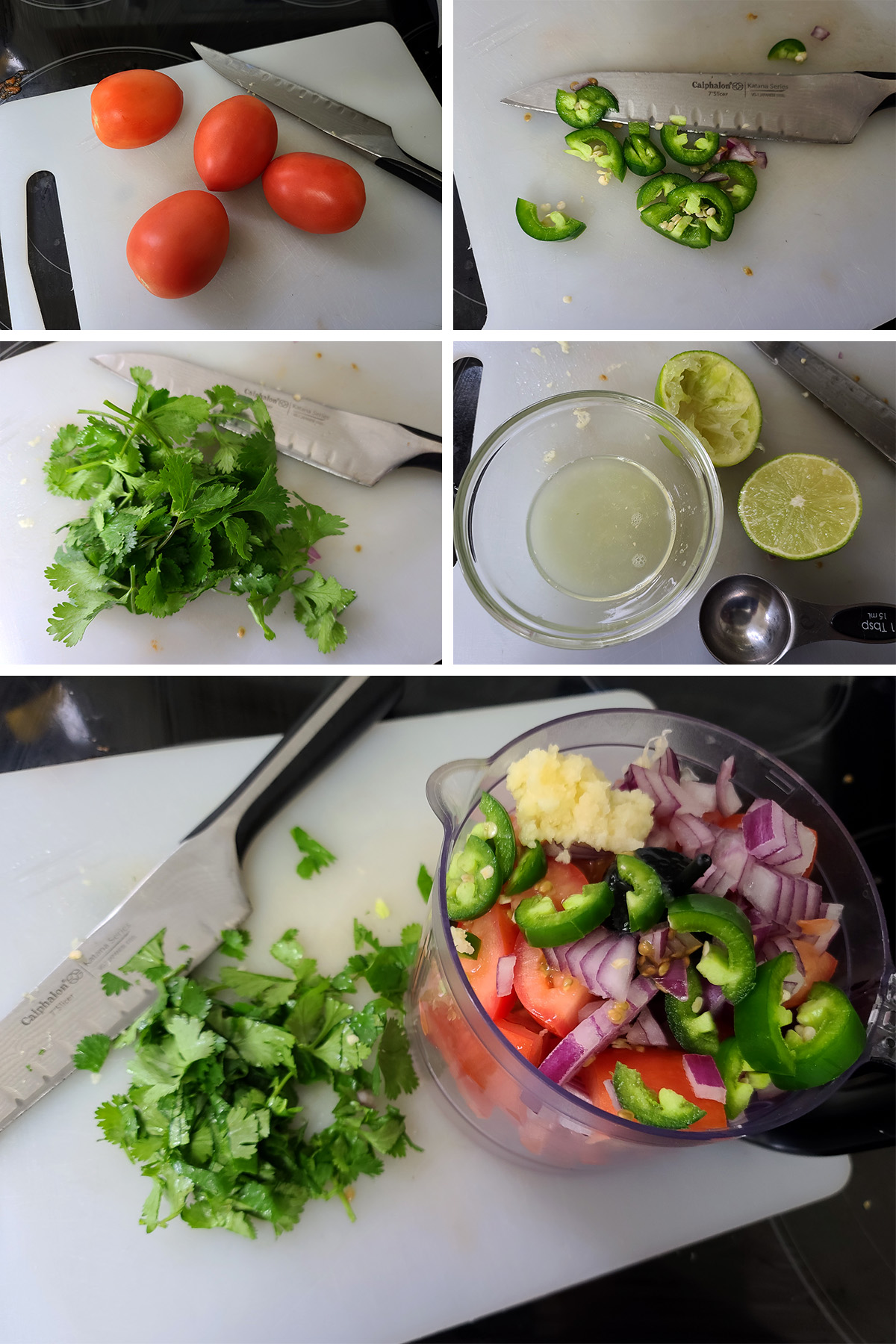 A 5 part image showing ingredients being chopped, ready to blend ina  food processor.