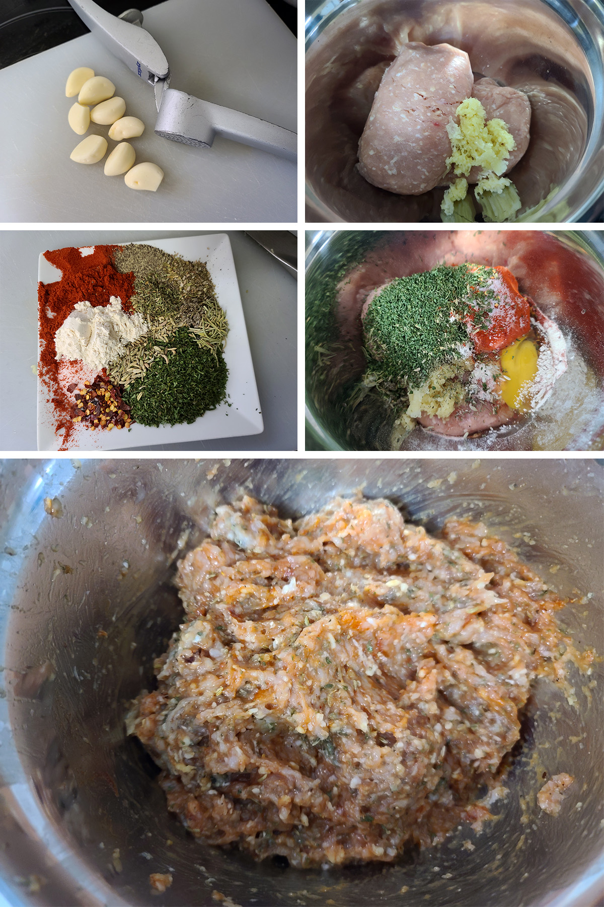 A 5 part image showing the spices being added to the ground chicken and mixed in.
