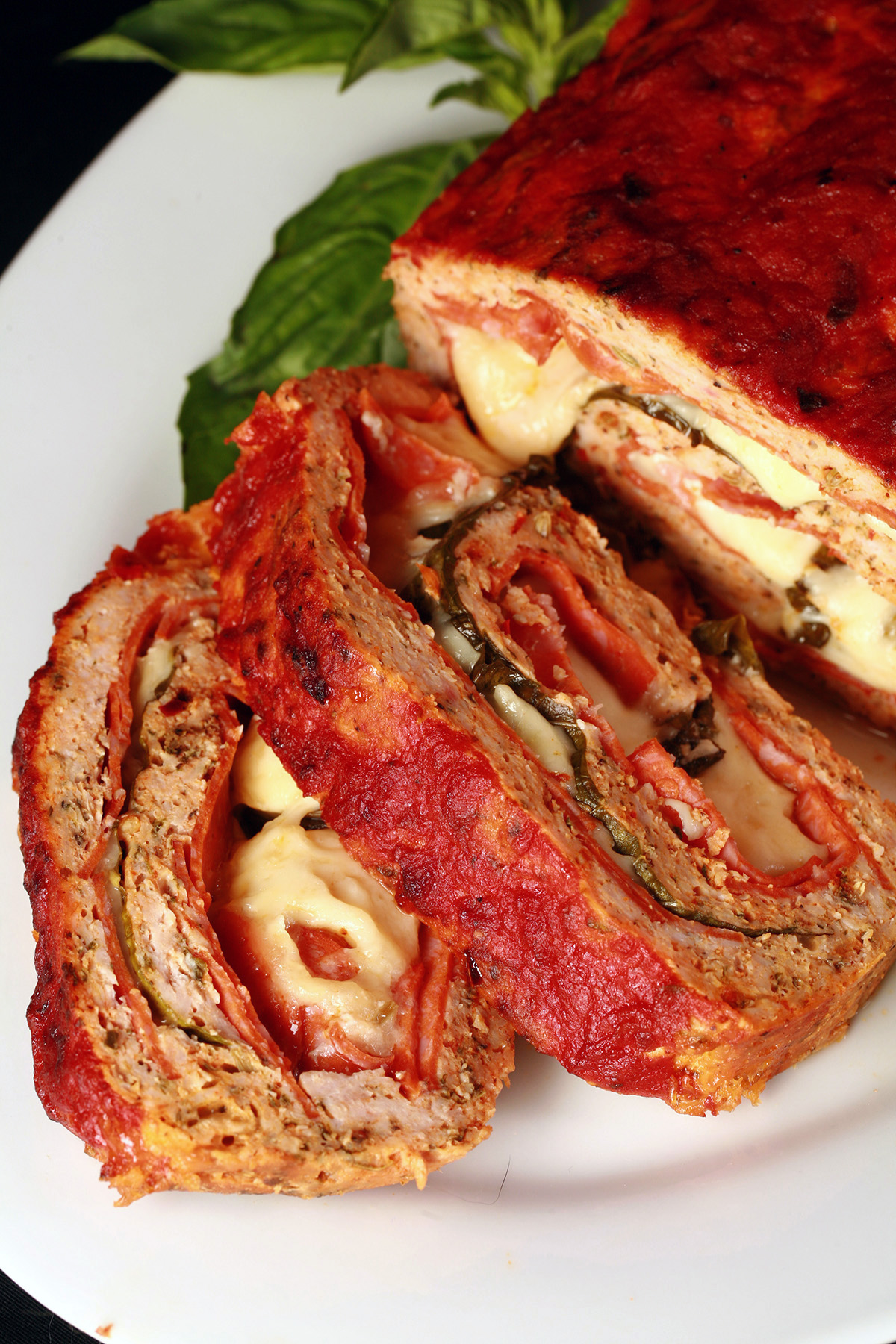 Keto stromboli meatloaf on a plate.