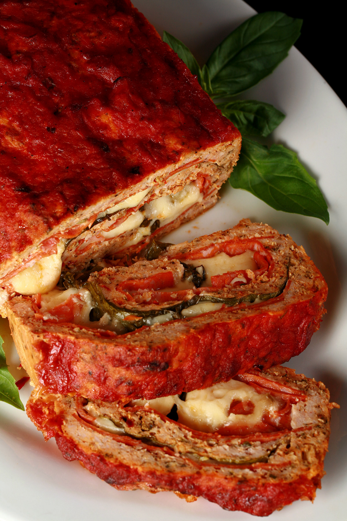 Low carb stromboli meatloaf on a plate.