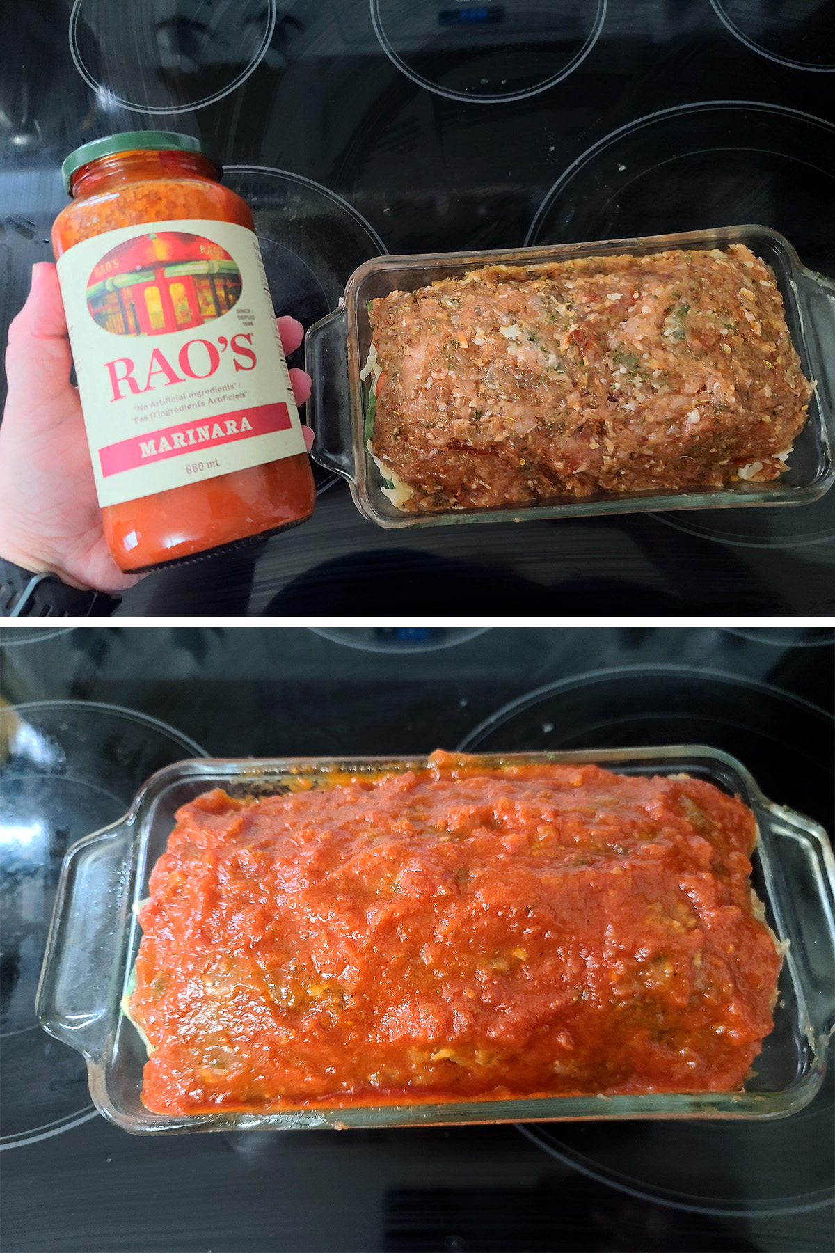 A hand holding a jar of Rao's marinara sauce next to the meatloaf, then the meatloaf with sauce sperad on top.