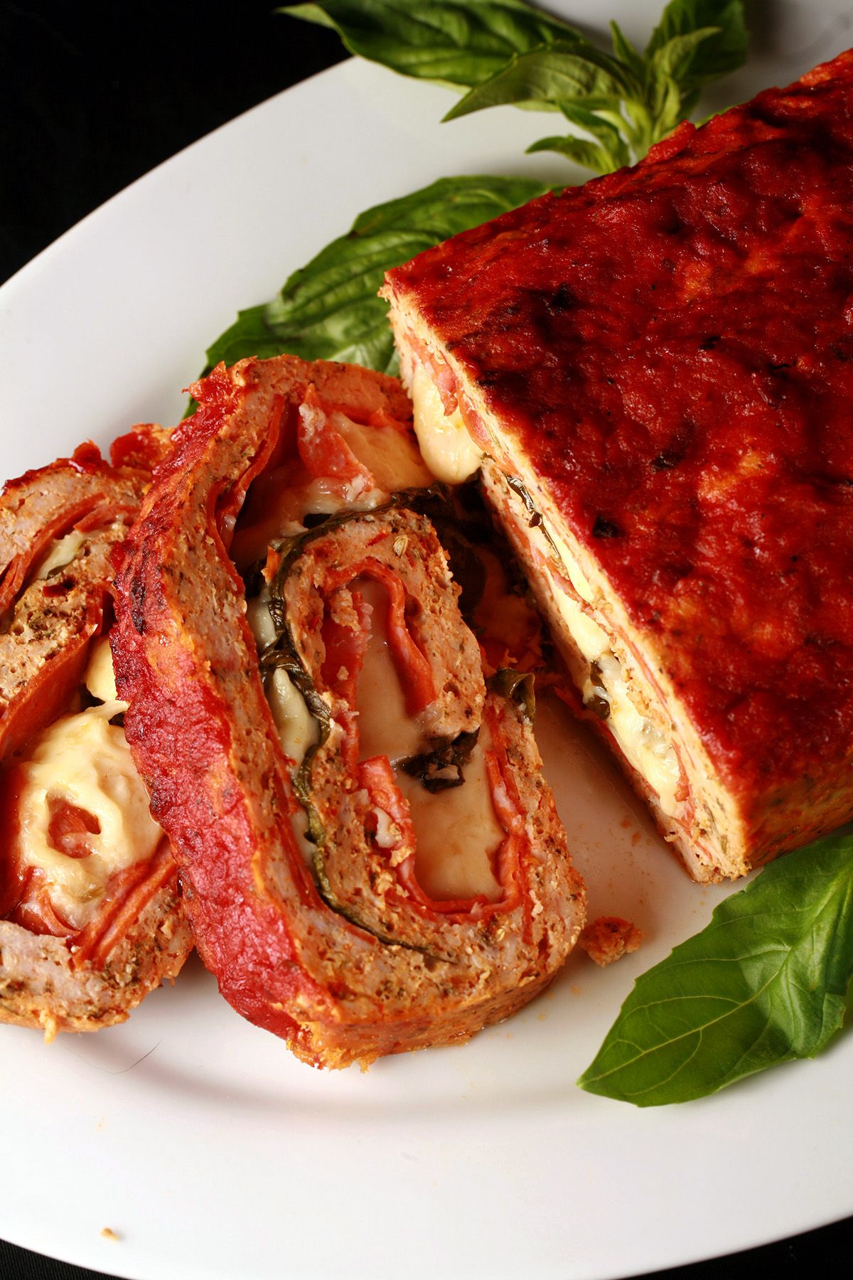 Low carb stromboli meatloaf on a plate.