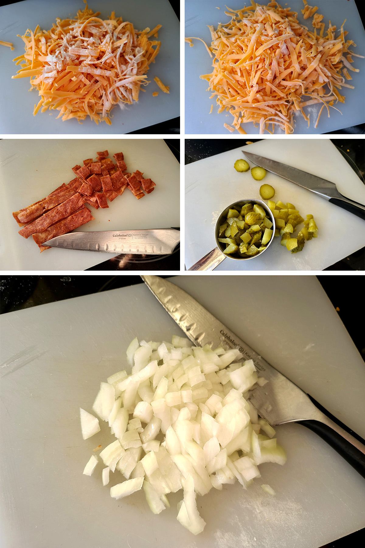 A 5 part image showing the grated cheese being tossed with xanthan gum, and the bacon, pickles, and onions being chopped.