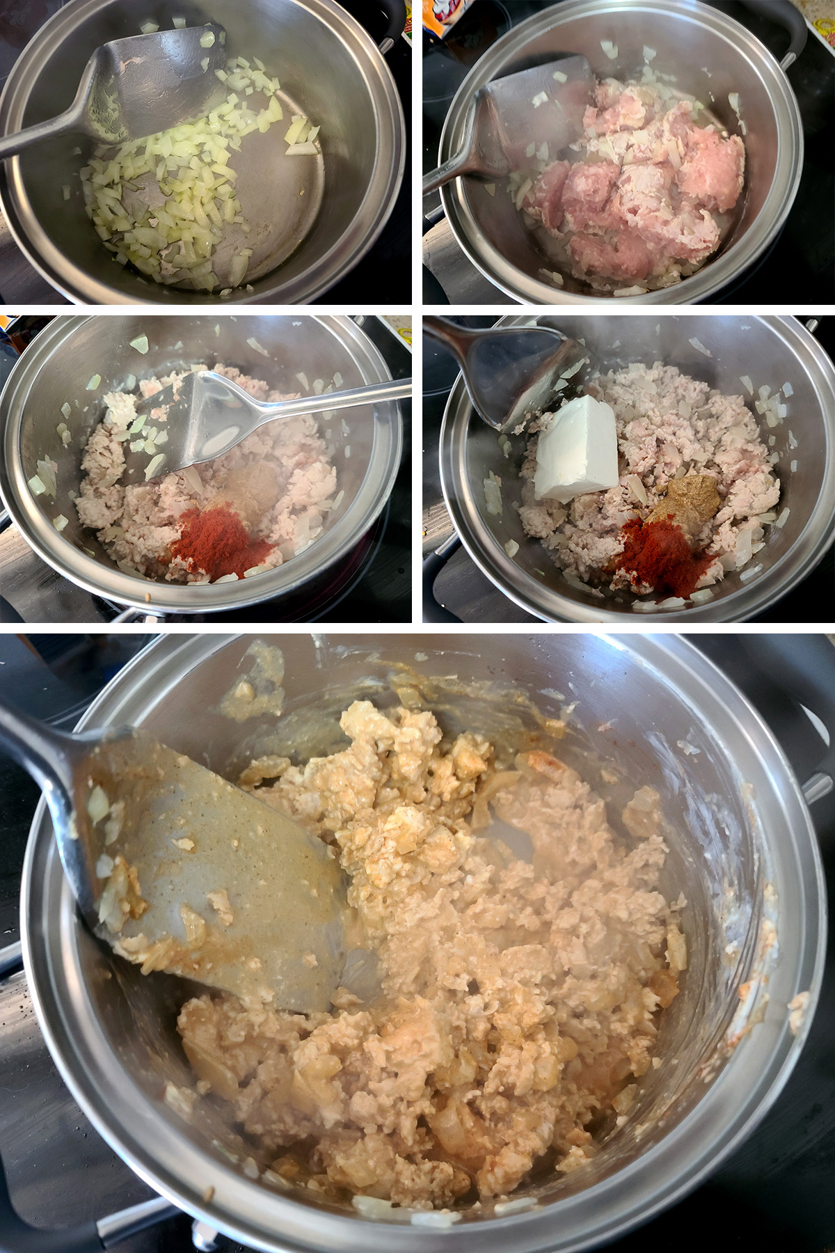 A 5 part image showing the onions and chicken being cooked, and the seasonings and cream cheese being added to the pot.