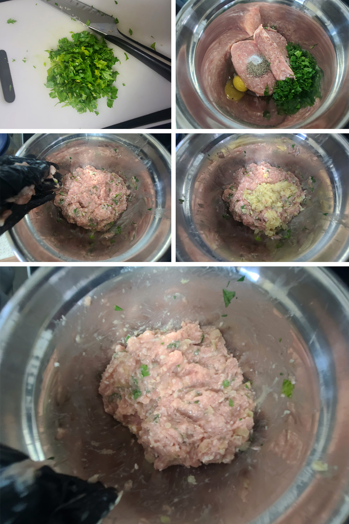 A 5 part image showing the parsley being chopped, and added to the chicken along with the remaining meatloaf ingredients.