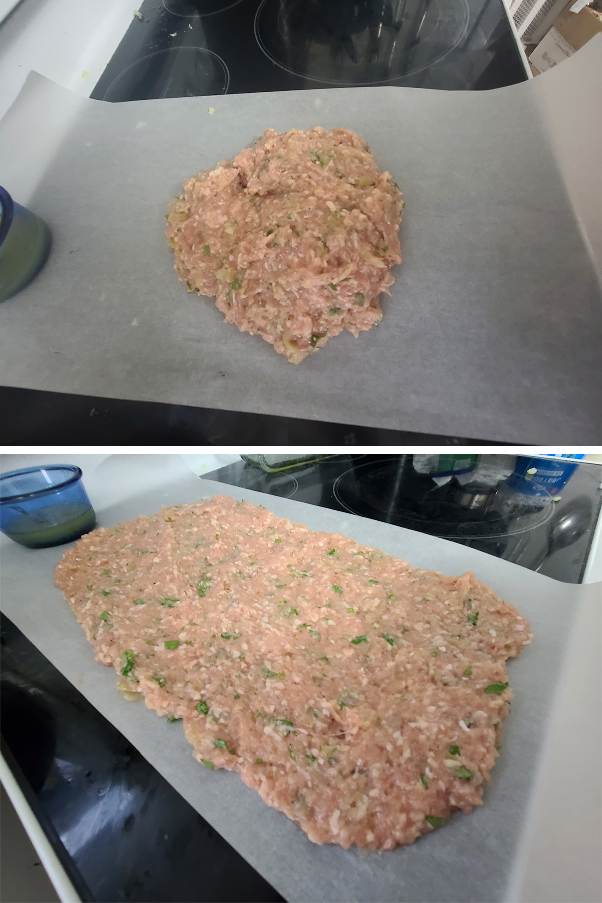 The mound of seasoned ground chicken being spread into a ½" thick rectangle.
