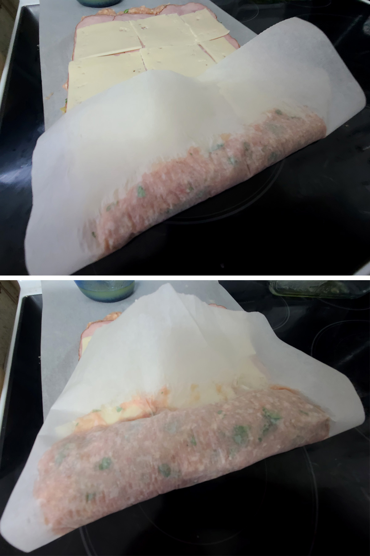 Parchment paper being used to roll up the ground chicken.
