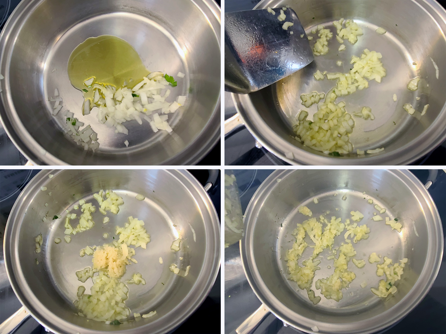 A 4 part image showing the chopped onions being cooked down with the garlic.