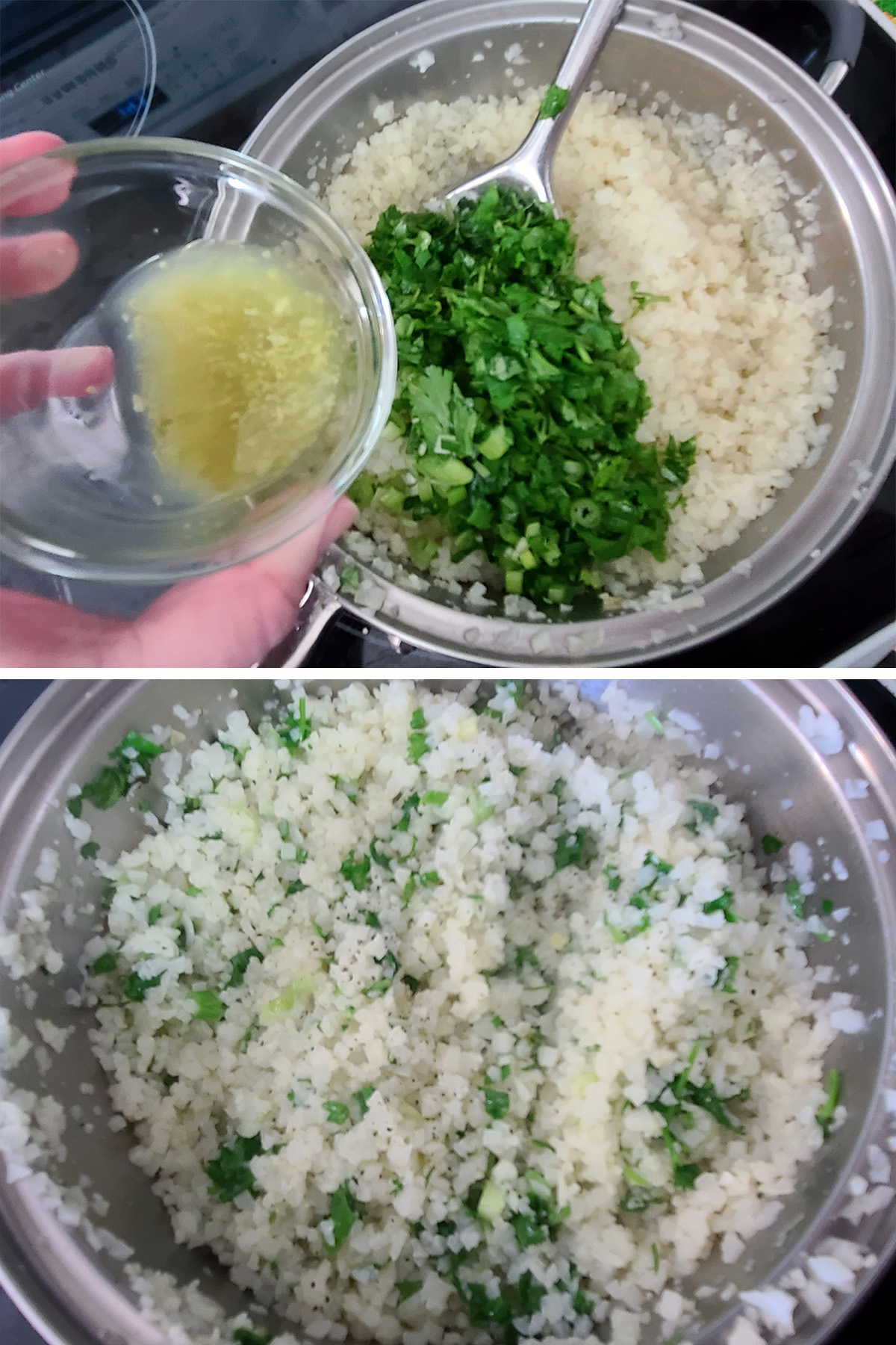 The cilantro, green onions, and lime being added to the cauliflower rice, and mixed in.