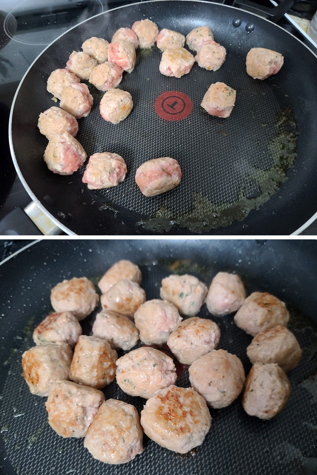 Chicken meatballs cooking in a nonstick pan.