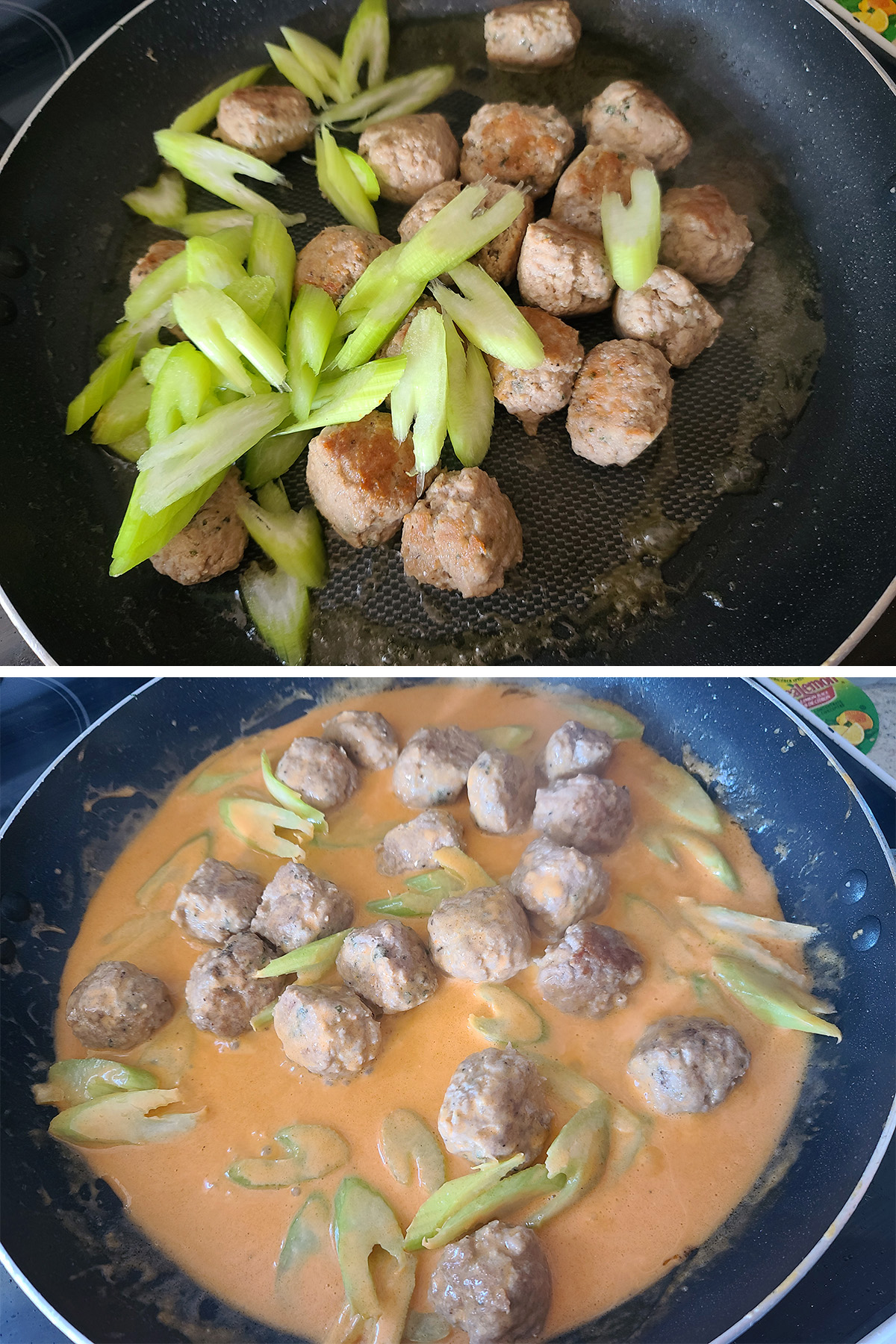 Star treked celery being added to the pan of meatballs, along with the creamy buffalo sauce.