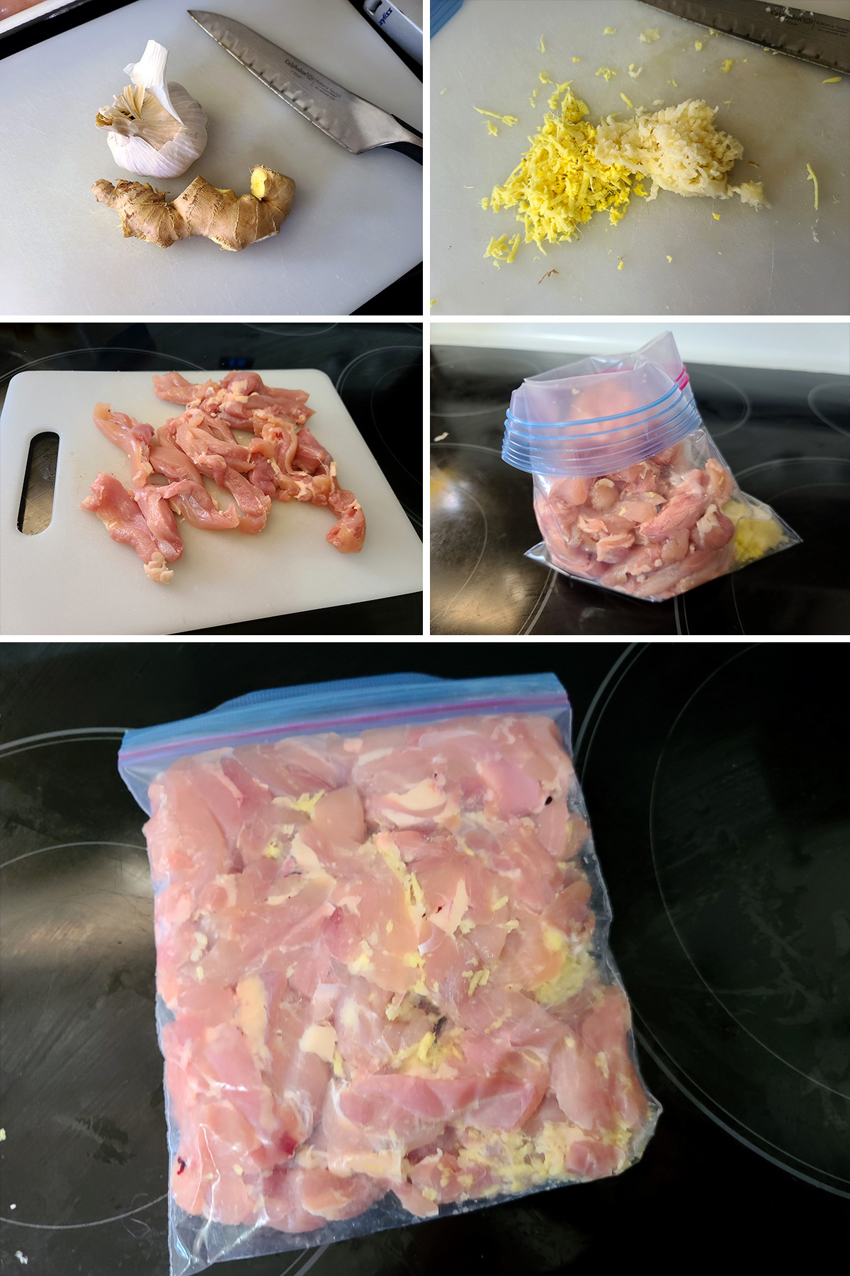 A 5 part image showing the ginger and garlic being prepared, the chicken slices, and everything combined in a baggie.