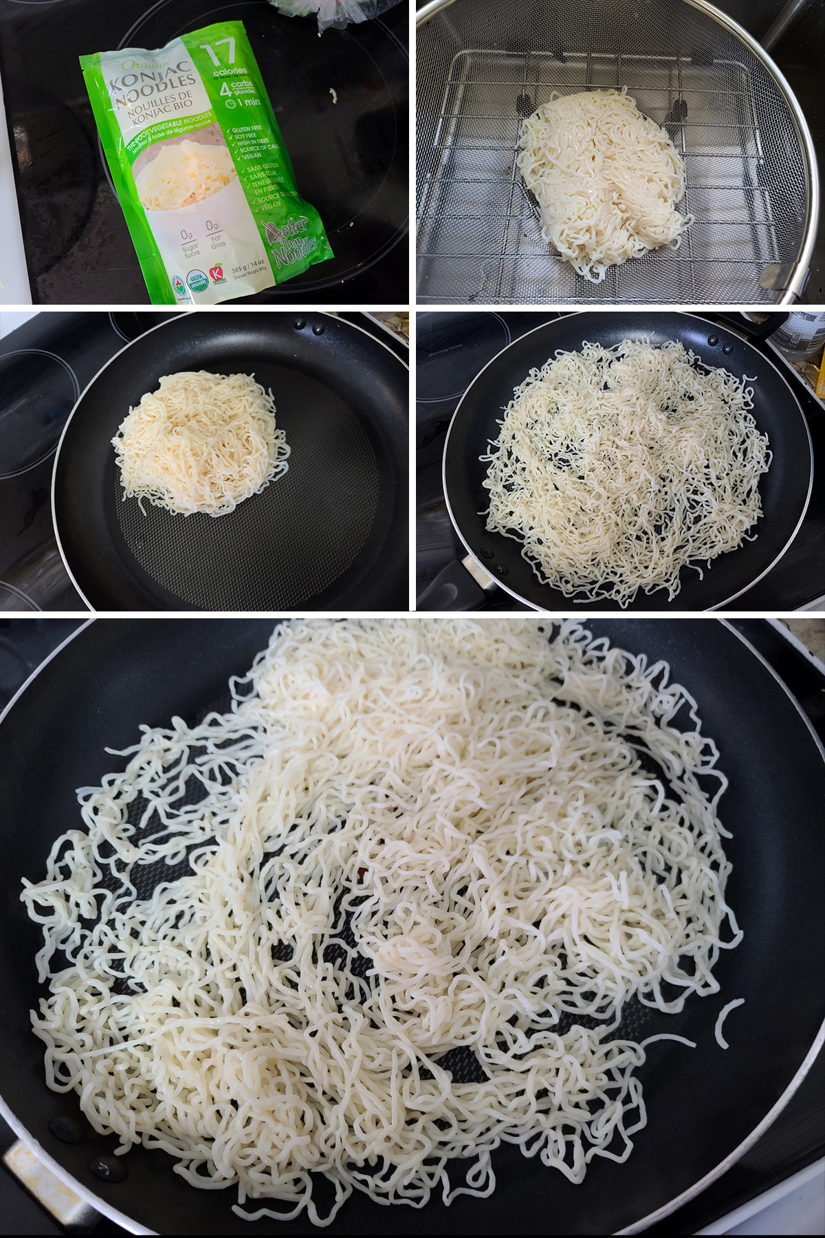 A 5 part image showing the konjac noodles being drained and cooked dry.