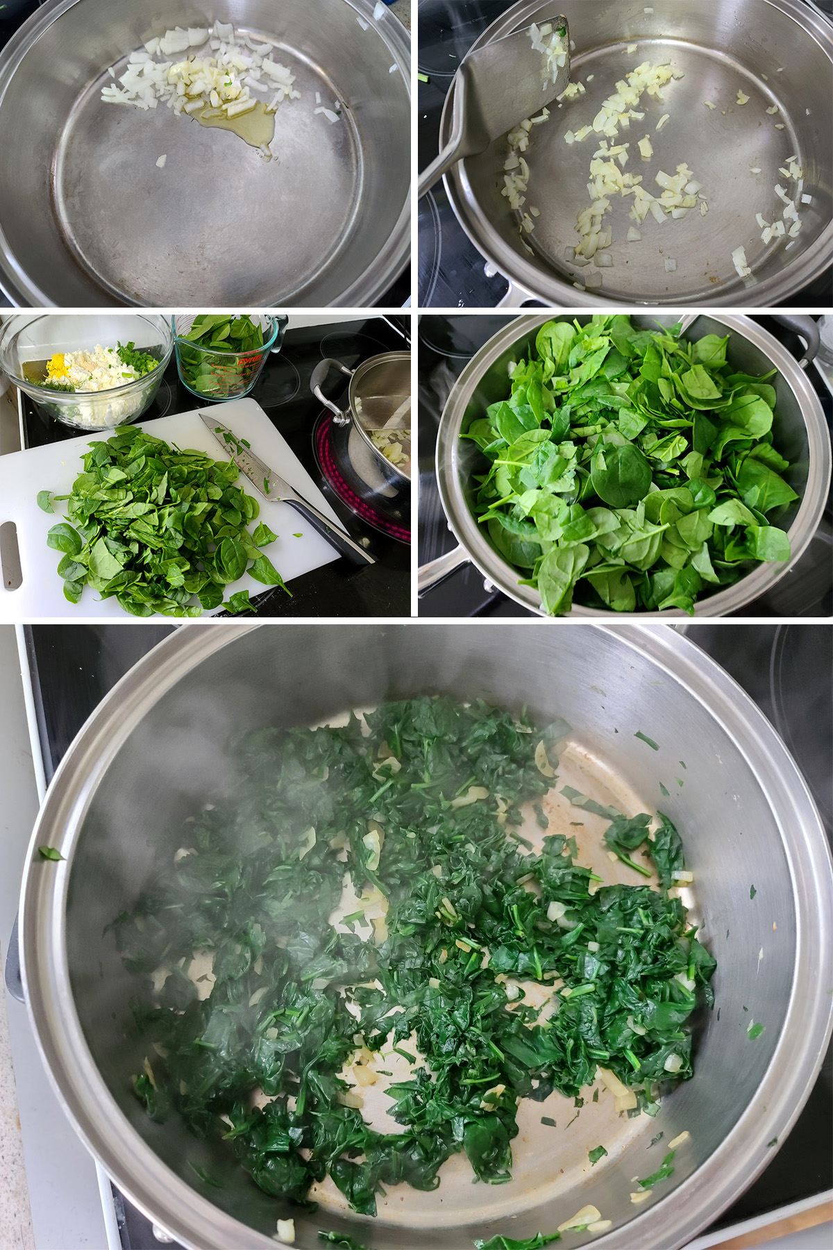 A 5 part image showing the onion and spinach being cooked in a large pan.
