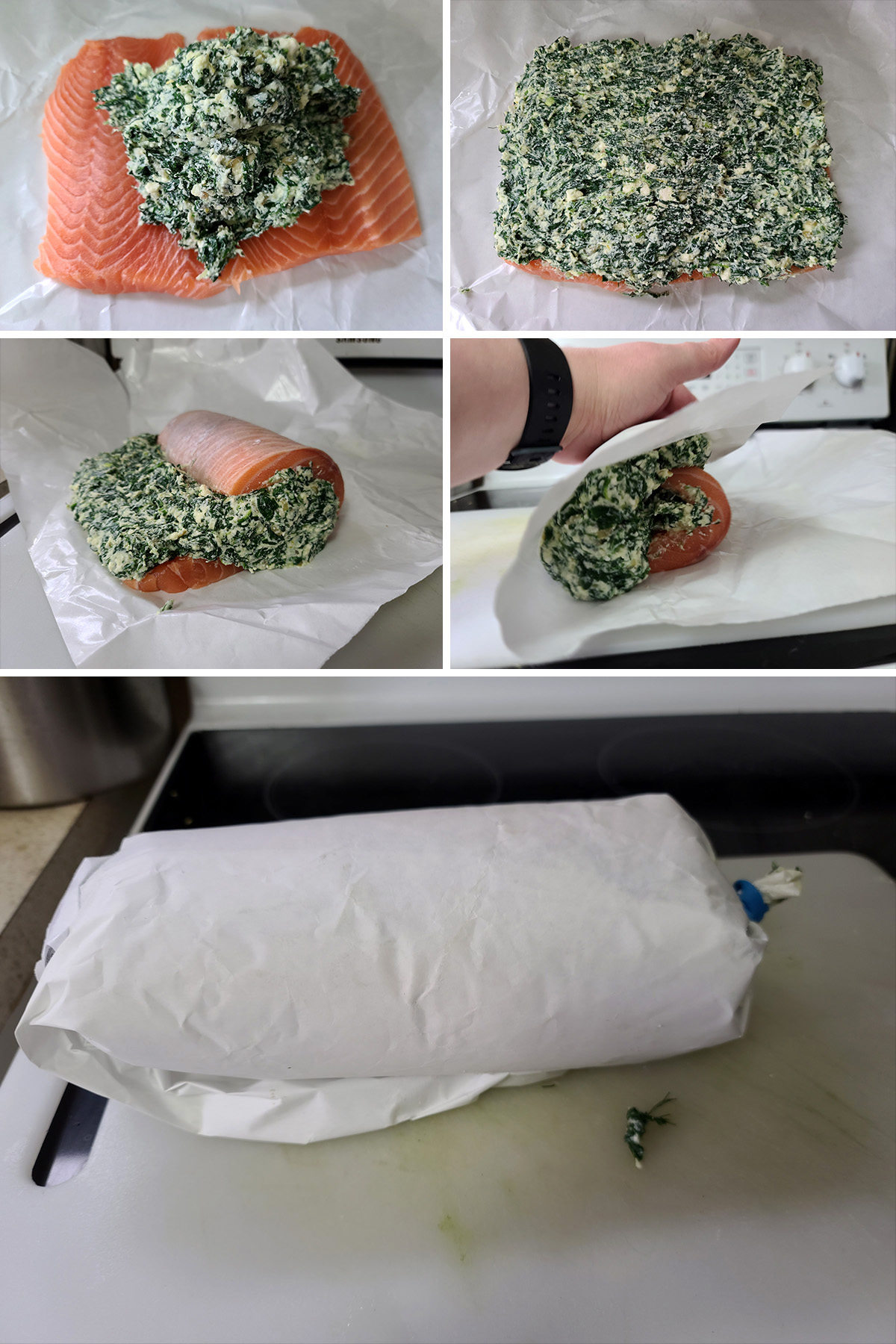 A 5 part image showing the filling being spread on the salmon, then the salmon being rolled up in parchment paper.