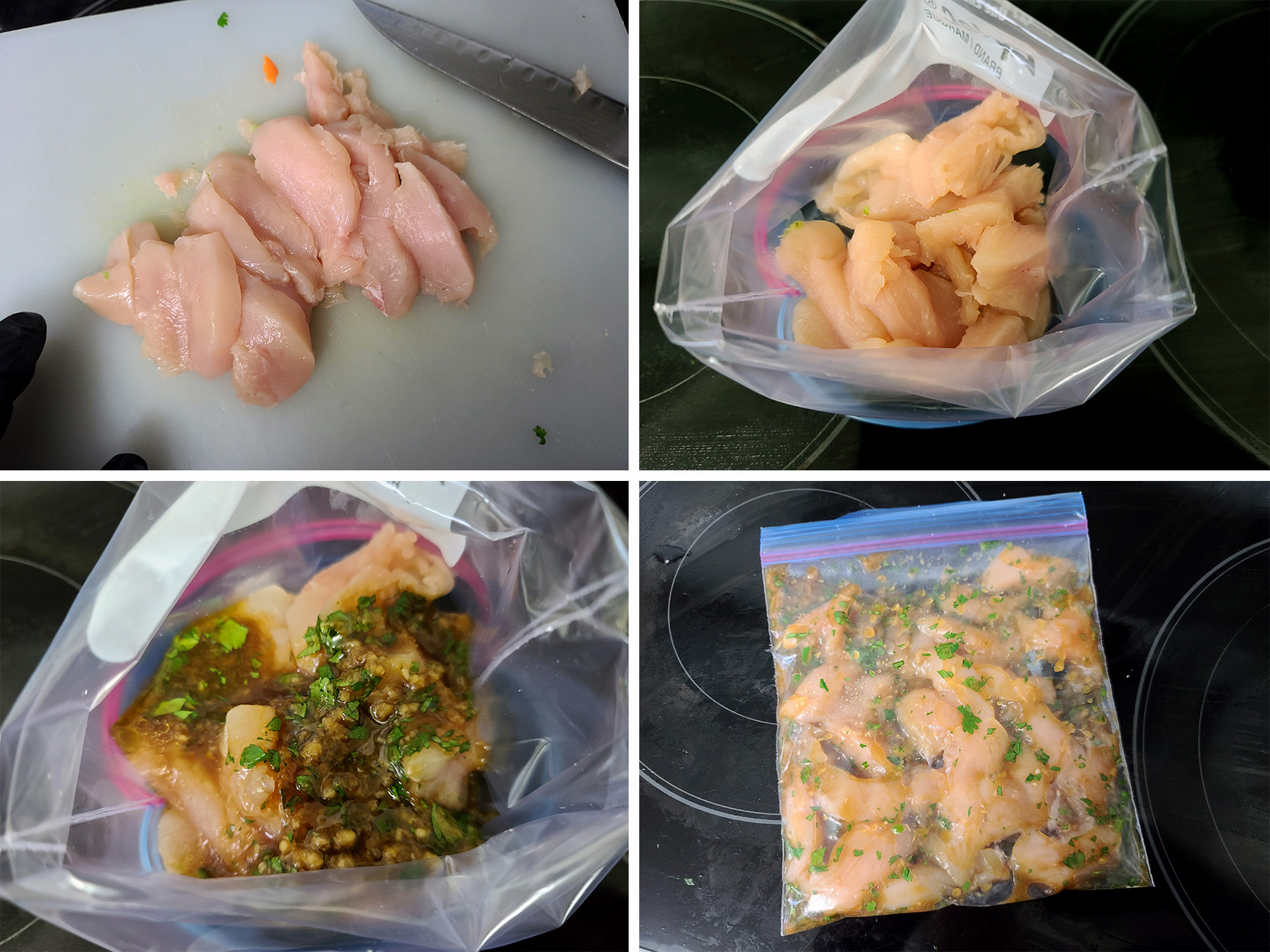 Chicken breast being sliced up and mixed with the marinade in a plastic baggie.
