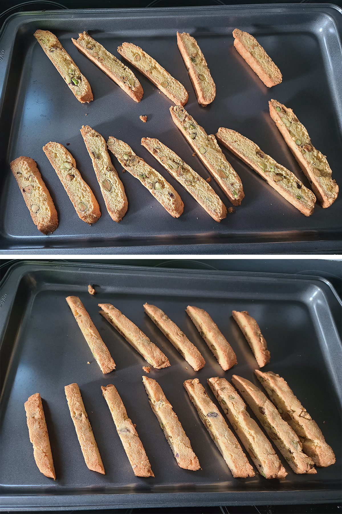 A 2 part image showing the twice baked biscotti on the pan.