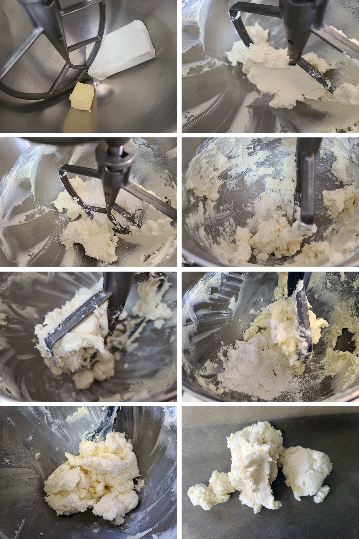 An 8 part image showing the sugar free wedding mints dough being mixed together, as described.