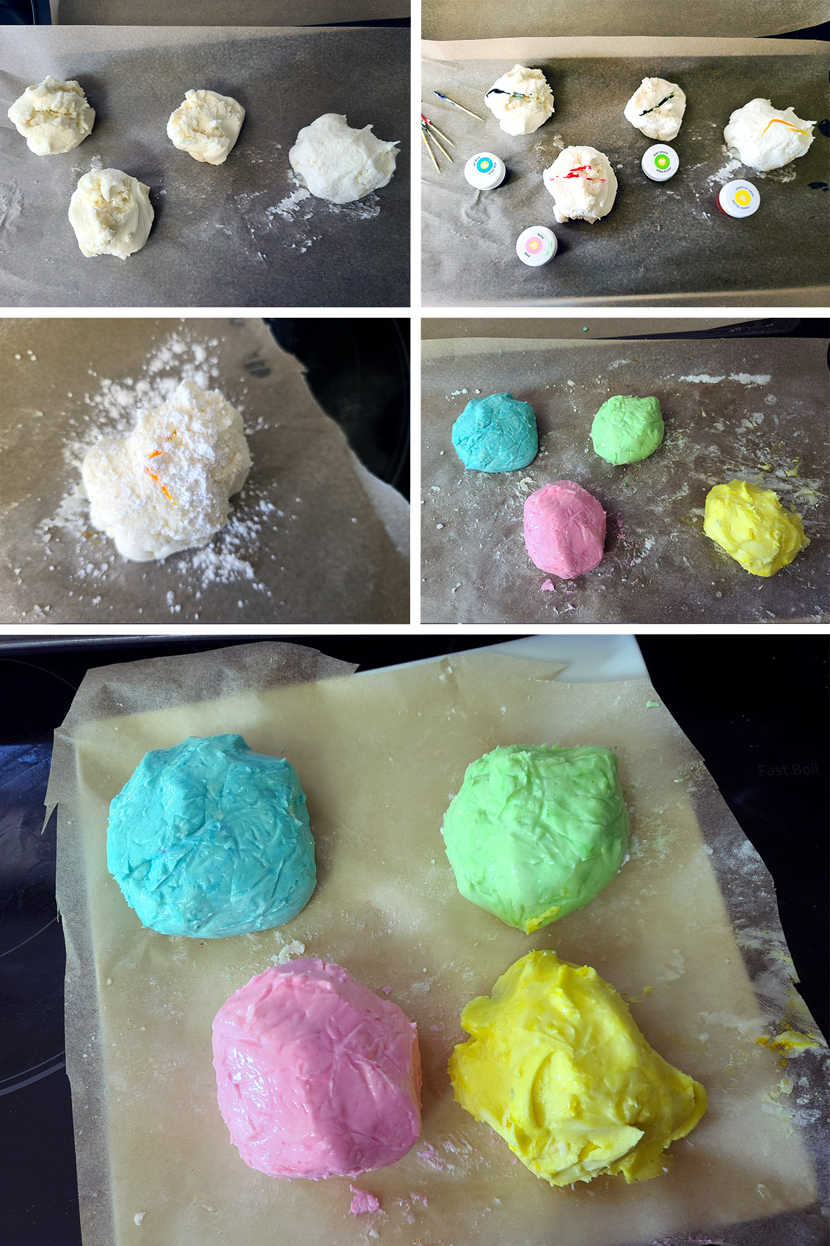 A 5 part image showing the candy dough being divided and coloured with food colouring.